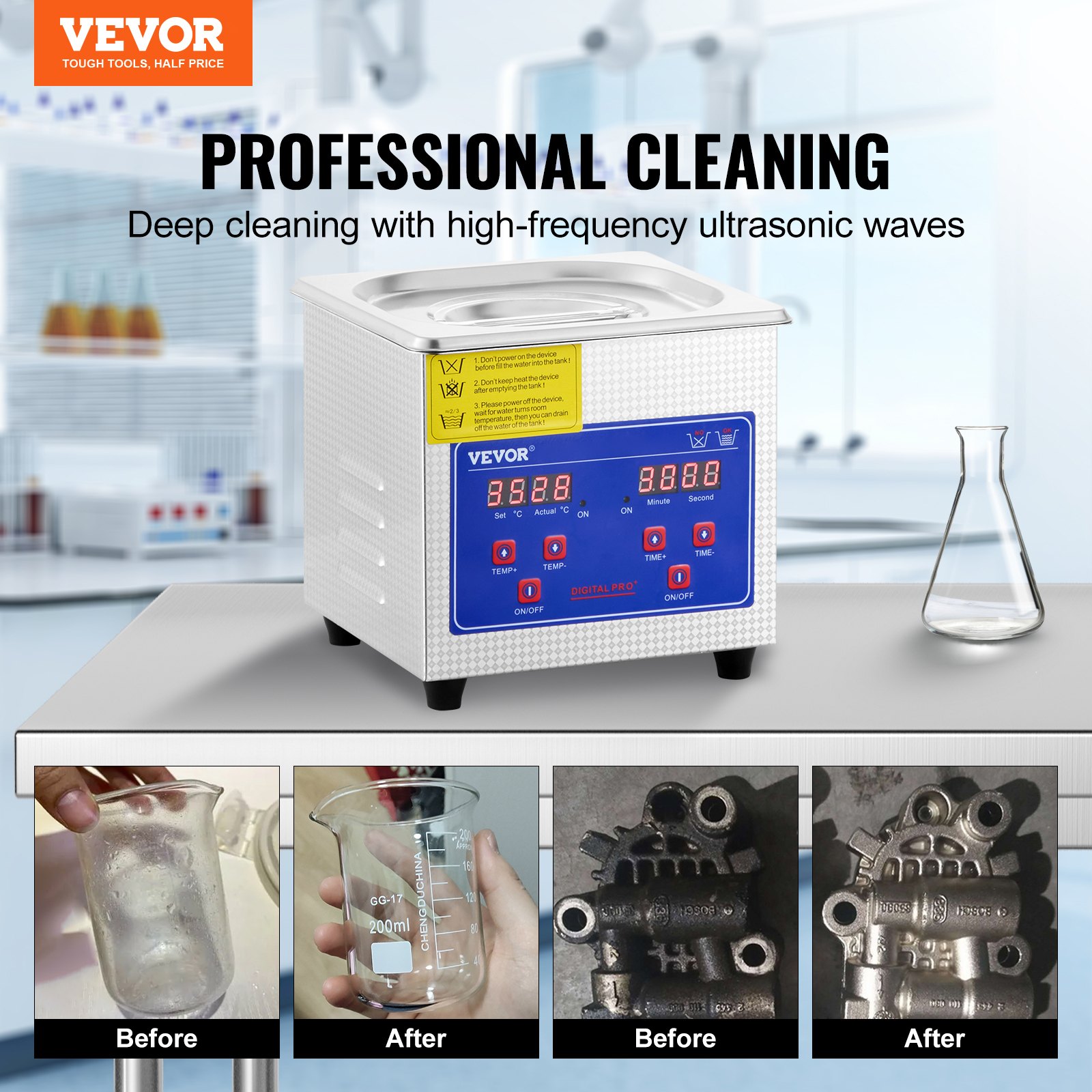 VEVOR Limpiador Ultrasónico 1.3L, 60W Limpiador Ultrasónico Profesional de Acero Inoxidable, Máquina de Limpieza Ultrasónica Potente Frecuencia de 40 kHz con Pantalla LED para Joyas, Reloj, Gafas