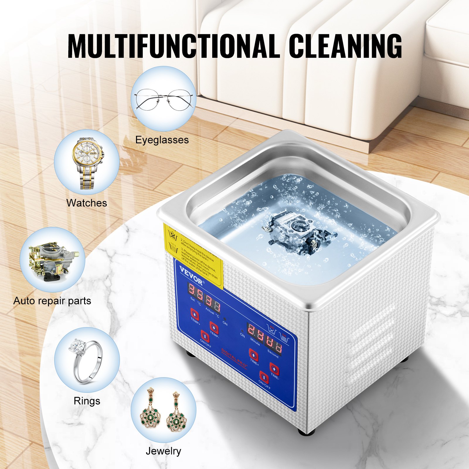 VEVOR Limpiador Ultrasónico 1.3L, 60W Limpiador Ultrasónico Profesional de Acero Inoxidable, Máquina de Limpieza Ultrasónica Potente Frecuencia de 40 kHz con Pantalla LED para Joyas, Reloj, Gafas