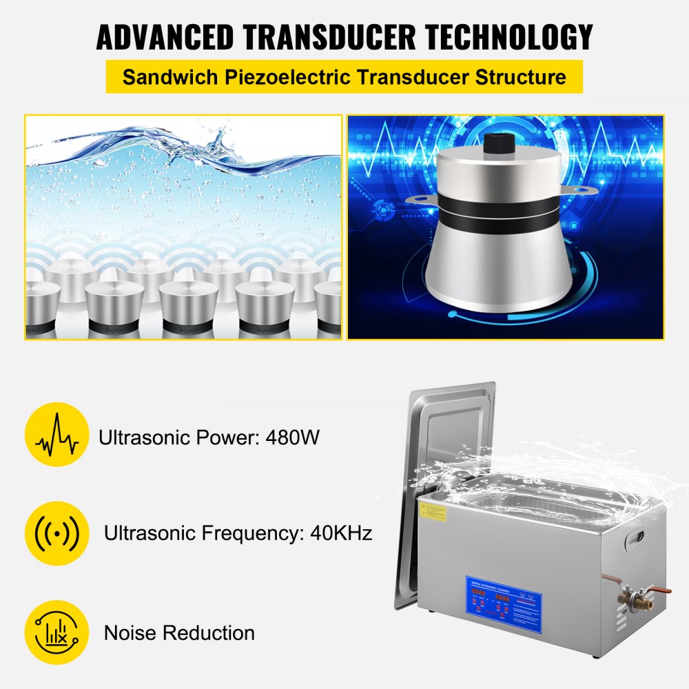 VEVOR Limpiador ultrasónico, 22L Limpiador Ultrasonidos Profesional de Acero Inoxidable, 480W Máquina de Ultrasonido con Temporizador Digital, Temperatura Ajustable, para Joyas, Relojes, Laboratorio
