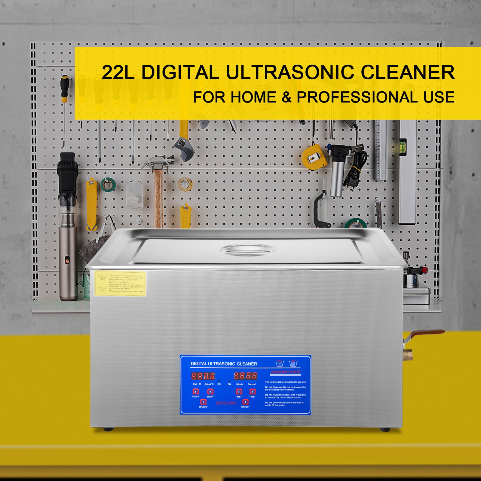 VEVOR Limpiador ultrasónico, 22L Limpiador Ultrasonidos Profesional de Acero Inoxidable, 480W Máquina de Ultrasonido con Temporizador Digital, Temperatura Ajustable, para Joyas, Relojes, Laboratorio