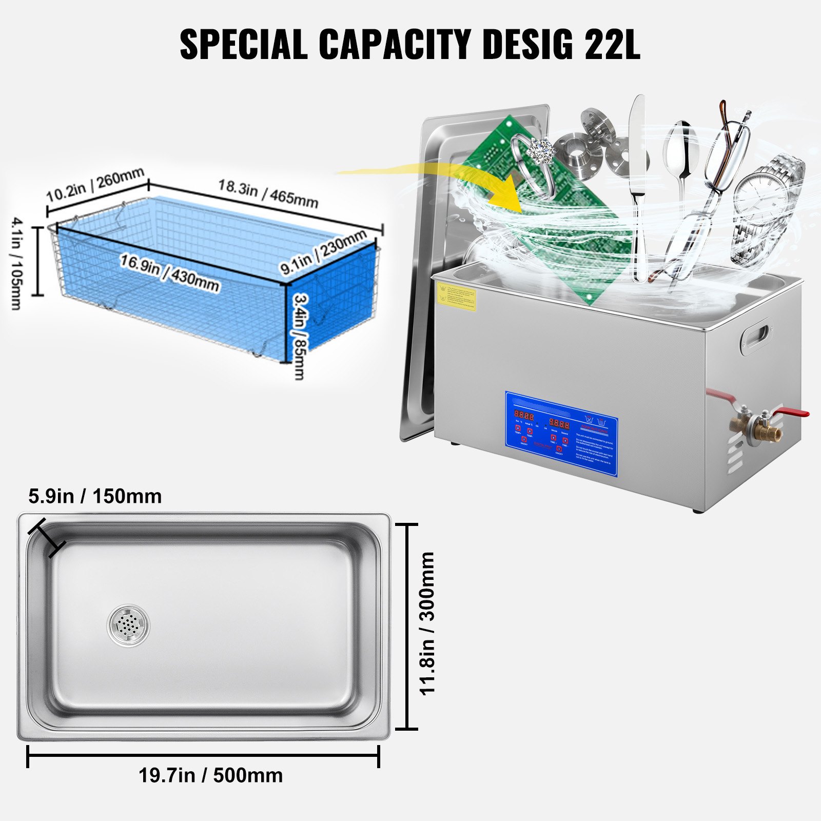 VEVOR Limpiador ultrasónico, 22L Limpiador Ultrasonidos Profesional de Acero Inoxidable, 480W Máquina de Ultrasonido con Temporizador Digital, Temperatura Ajustable, para Joyas, Relojes, Laboratorio