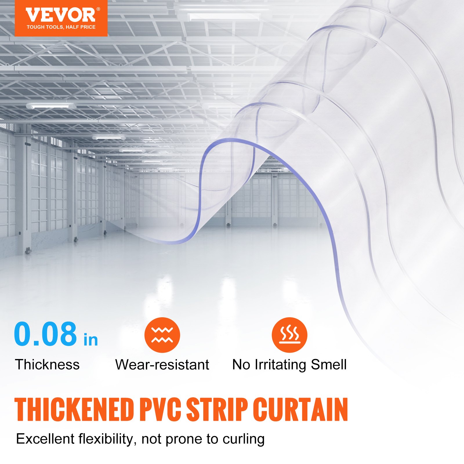 Cortina de tiras VEVOR, PVC espesado, 0,08 pulgadas de espesor, resistente al desgaste, sin olor irritante, flexible.