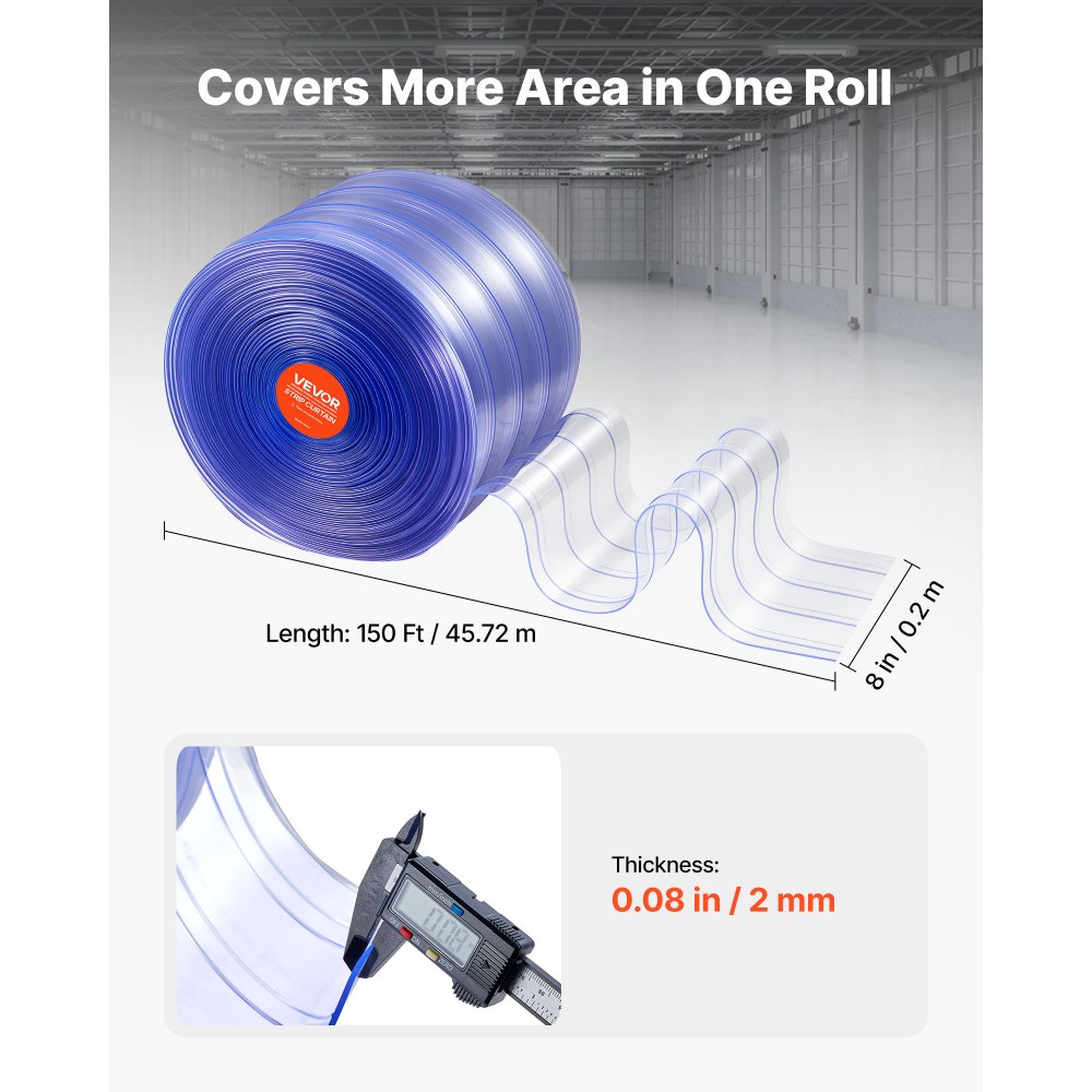 VEVOR Clear PVC Strip Curtain, 45.7 m Length x 20 cm Width, Ribbed Plastic Door Strip Bulk Roll, Walk in Freezer Cooler Curtain Strips for Doorways of Supermarket, Garage, Warehouse, Pet Animal House