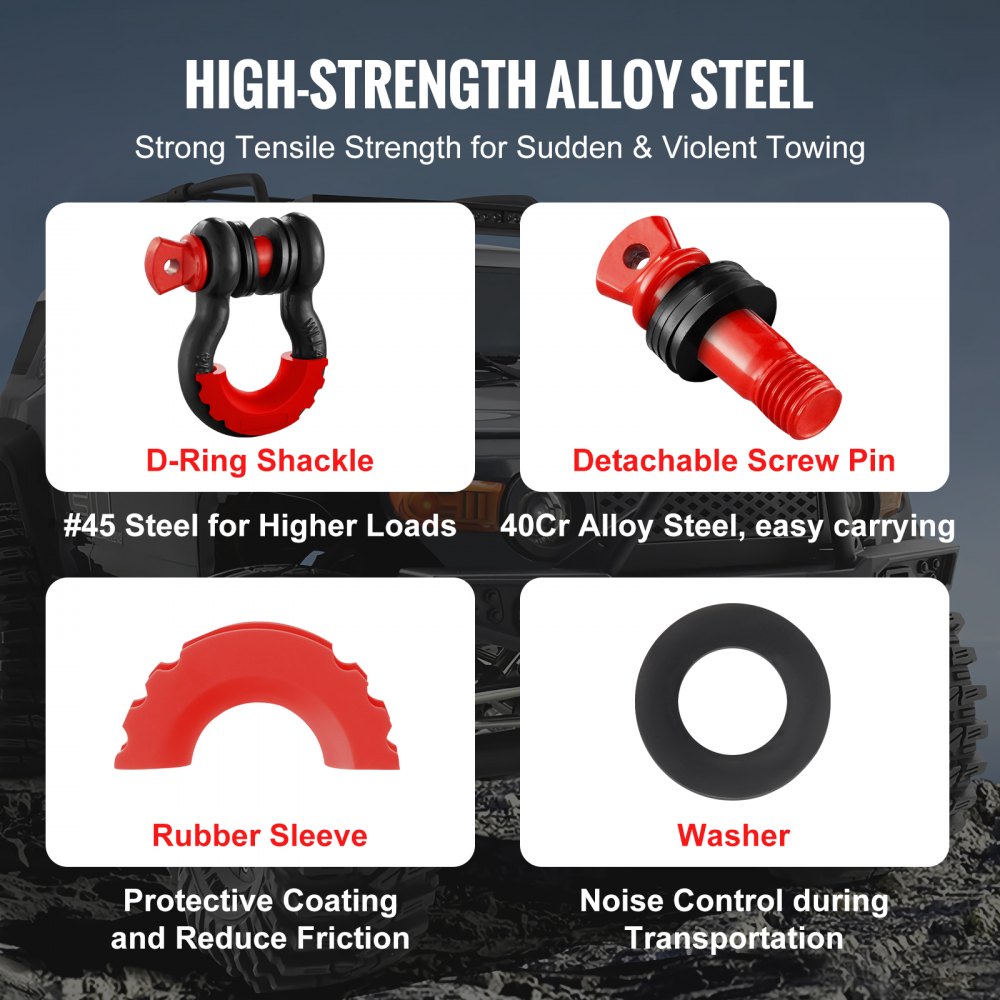 VEVOR Grillete con anilla en D de 3/4", paquete de 2 grilletes de acero de aleación de 62832 libras (28,5 toneladas) de resistencia a la rotura con pasador de tornillo de 7/8", aisladores y arandelas, grillete de recuperación de vehículos todoterreno resistente para camión Jeep, negro