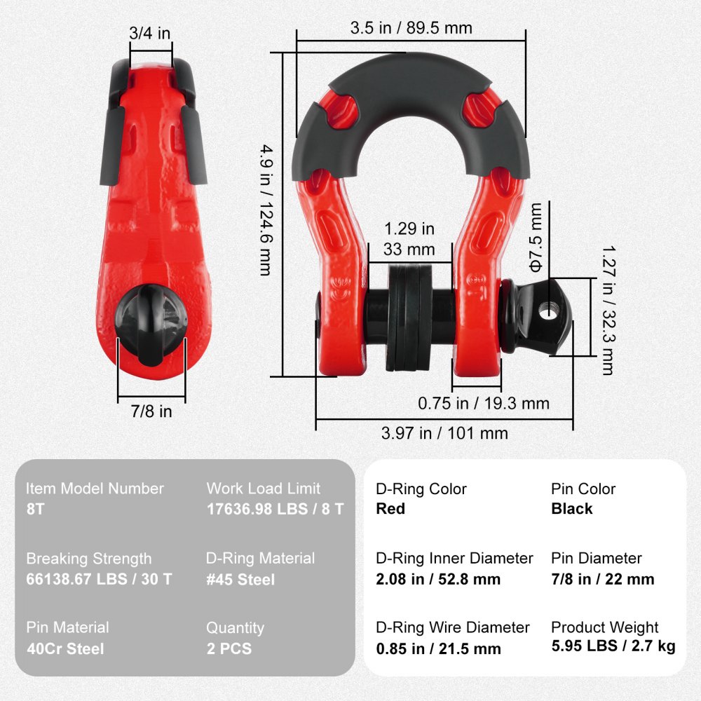 VEVOR Grillete con anilla en D de 3/4", paquete de 2 grilletes de acero de aleación de 66139 libras (30 toneladas) de resistencia a la rotura con pasador de tornillo de 7/8", aisladores y arandelas, grillete de recuperación de vehículos todoterreno resistente para camión Jeep, rojo