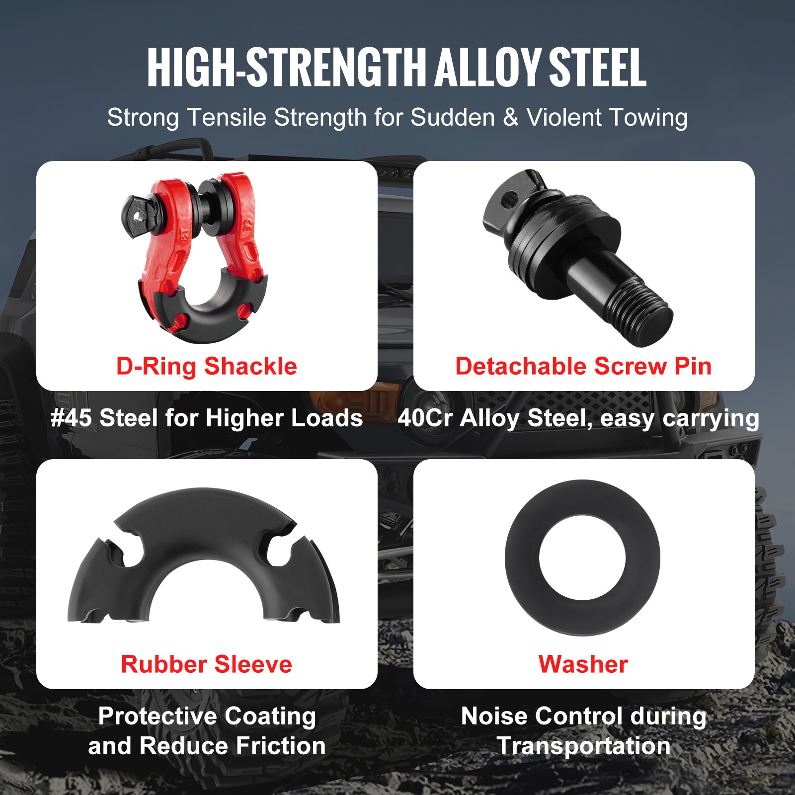 VEVOR Grillete con anilla en D de 3/4", paquete de 2 grilletes de acero de aleación de 66139 libras (30 toneladas) de resistencia a la rotura con pasador de tornillo de 7/8", aisladores y arandelas, grillete de recuperación de vehículos todoterreno resistente para camión Jeep, rojo