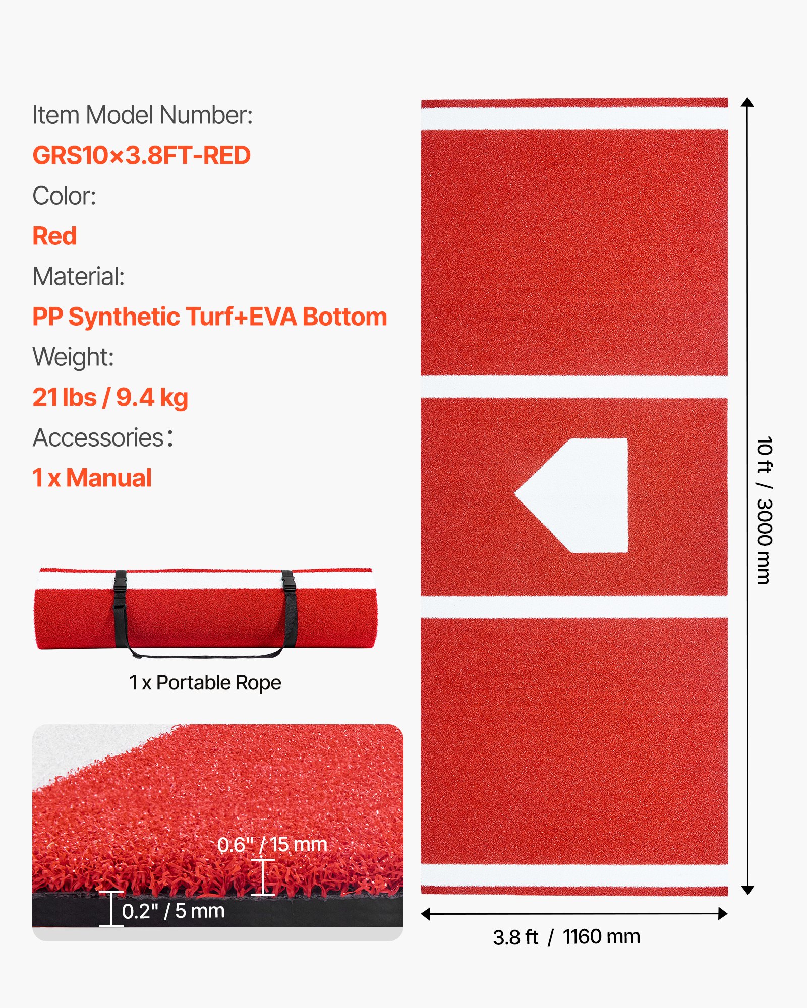 VEVOR Tapete de Bateo para Béisbol 300 x 116 cm Tapete de Lanzamiento de Sóftbol, Césped Sintético PP, Base de EVA, Alfombrilla de Entrenamiento de Béisbol para Interiores y Exteriores, Rojo