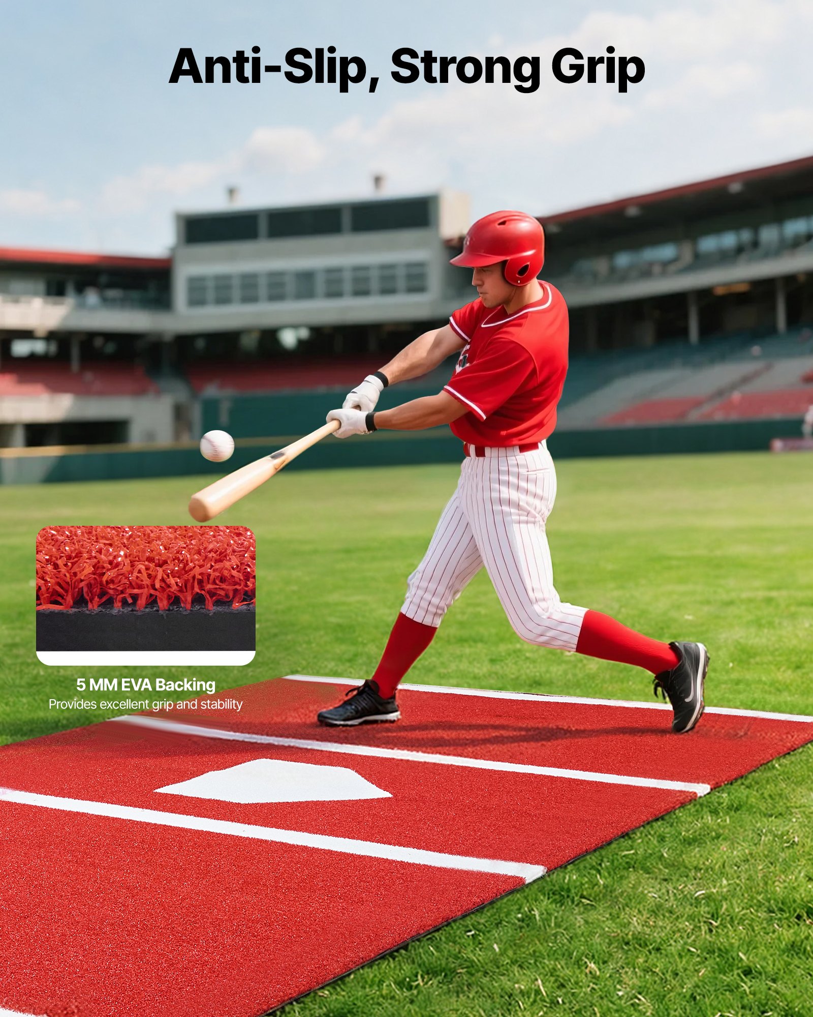 VEVOR Baseball Hitting Mat, 366x183cm Batting Cage Mat, Batters Box Turf Mats, Softball Batting Practice Equipment with Home Plate and Anti Fade Turf, Portable Training Aid for Indoor Outdoor, Red