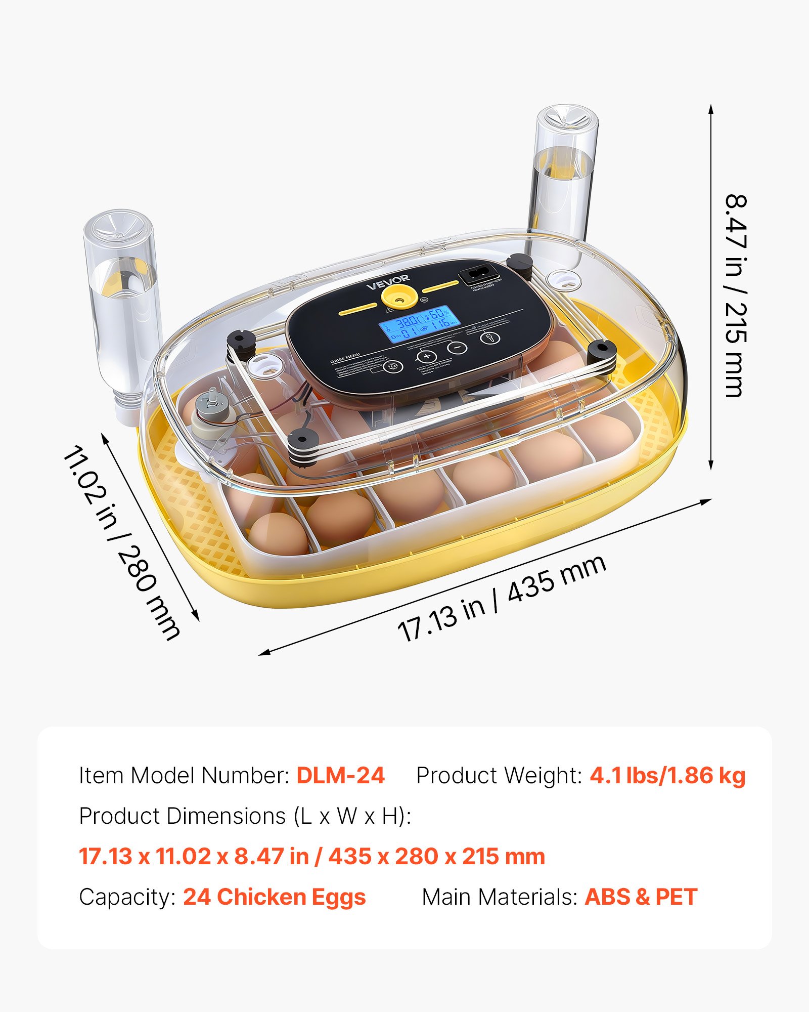 VEVOR Incubadora de 24 Huevos de Gallina, Volteadora Automática con Luz LED, Control de Temperatura y Humedad, Ventana Transparente con Vista 360° y Recarga Automática de Agua, 435 x 260 x 215 mm