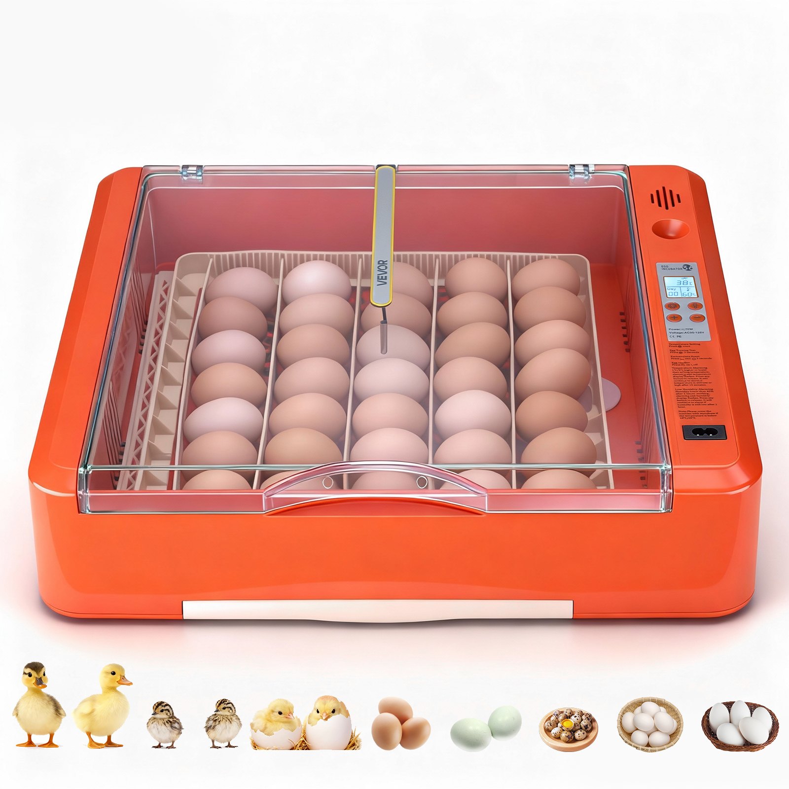 VEVOR Incubadora de 36 Huevos, Volteadora Automática con Indicador LED y Bandeja de Agua, Control de Temperatura y Humedad, Ventana Transparente 360°, para Pollitos, Patos, Gansos y Codornices