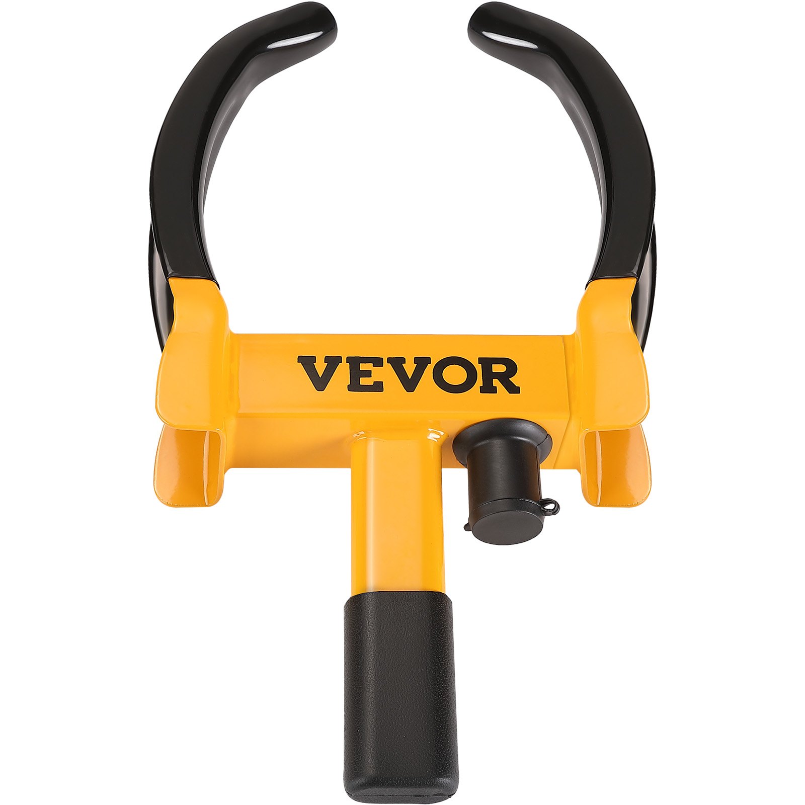 Cerradura de rueda VEVOR amarilla con manijas negras, vista frontal. Dispositivo antirrobo seguro.