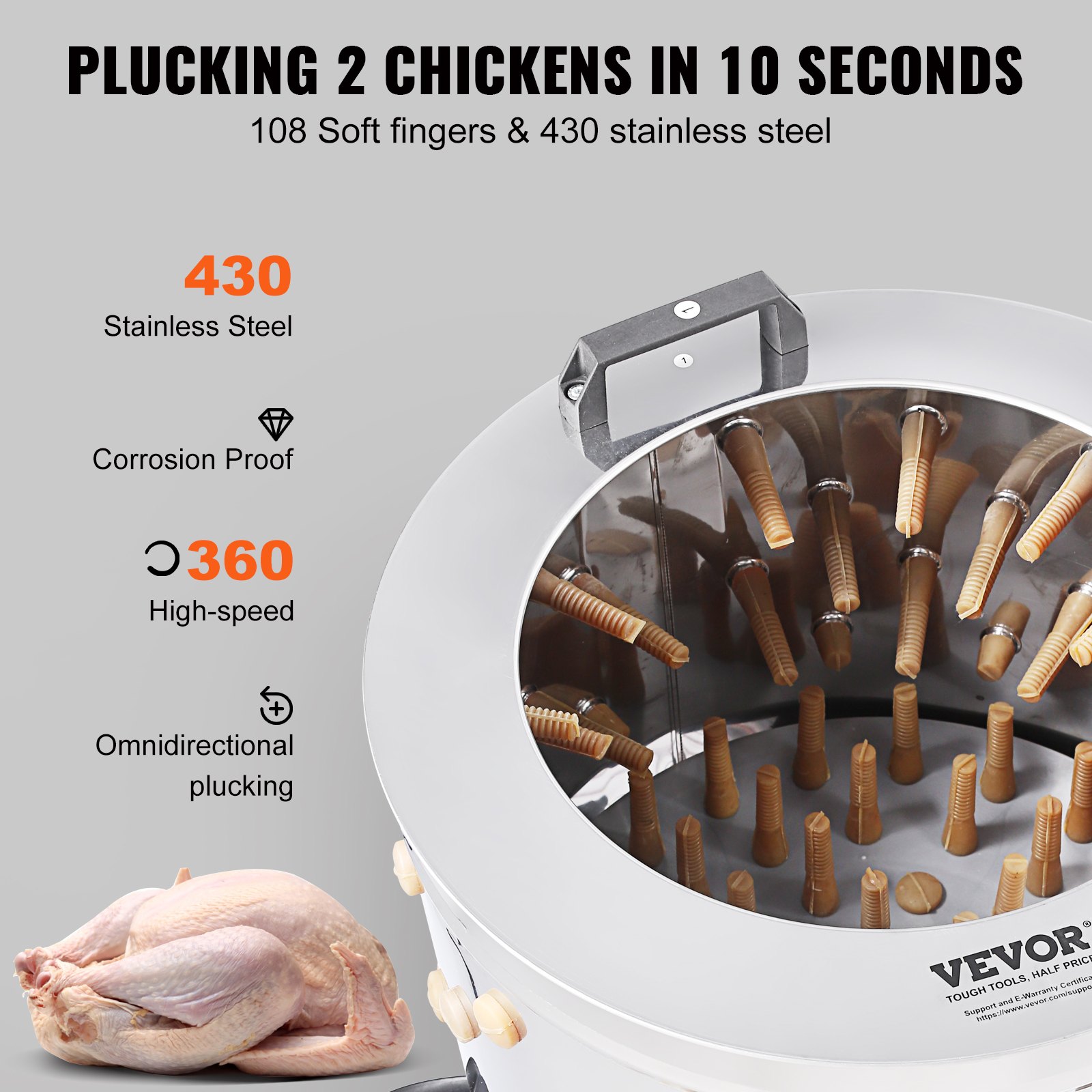 VEVOR Máquina Desplumadora de Pollos 280 rpm Desplumadora de Plumas con Tambor de Acero Inoxidable Dispositivo de Desplumado 108 Dedos Suaves Máquina Desplumadora de Aves de Alta Potencia de 500 W