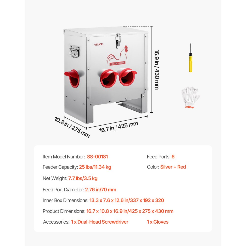 VEVOR Automatic Chicken Feeder, 11.34 kg Capacity, 6 Feeding Ports No-Waste Poultry Feeder, Automatic Gravity, with Handle Latch Lid, Metal Construction, for Chickens Bantams Pheasants Poultry Coop