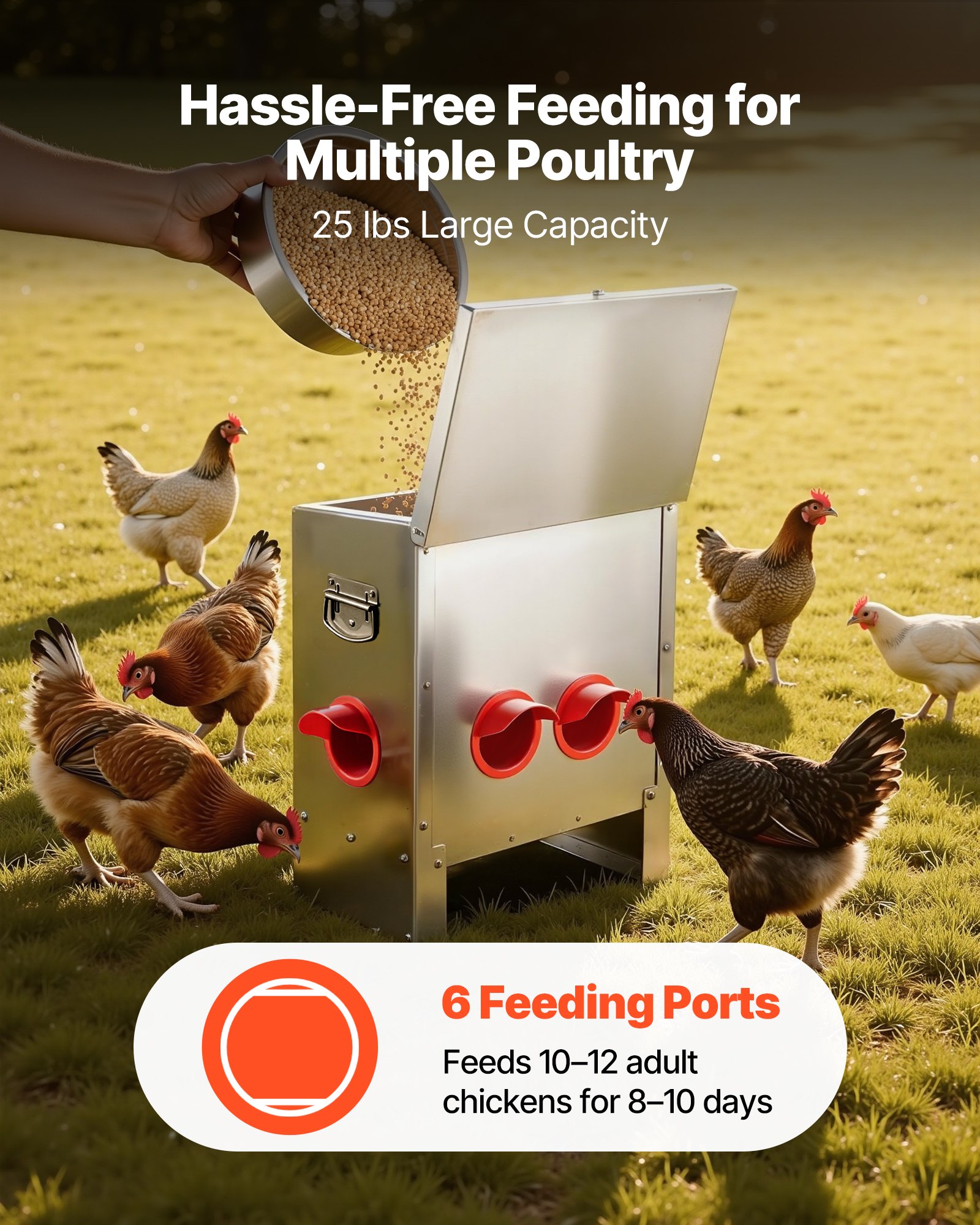 VEVOR Comedero Automático para Pollos, Capacidad de 11 kg, 6 Puertos de Alimentación, sin Desperdicio, Alimentación por Gravedad, Tapa con Cierre de Asa, Construcción Metálica, 425 x 275 x 430 mm