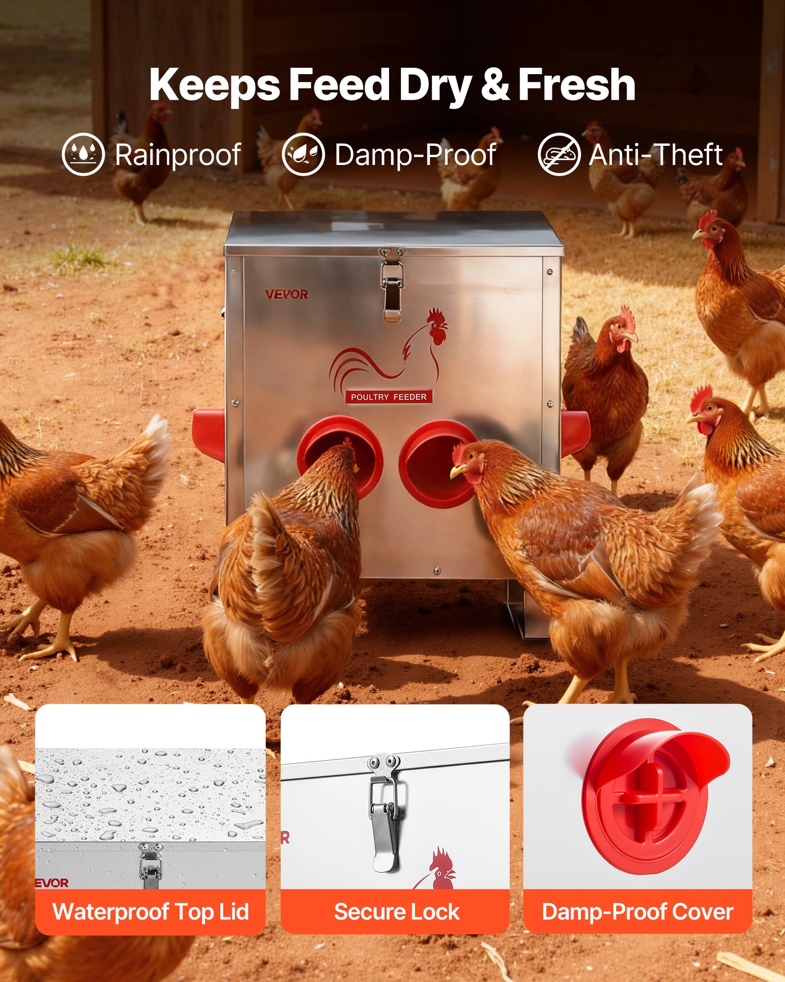 VEVOR Comedero Automático para Pollos, Capacidad de 11 kg, 6 Puertos de Alimentación, sin Desperdicio, Alimentación por Gravedad, Tapa con Cierre de Asa, Construcción Metálica, 425 x 275 x 430 mm