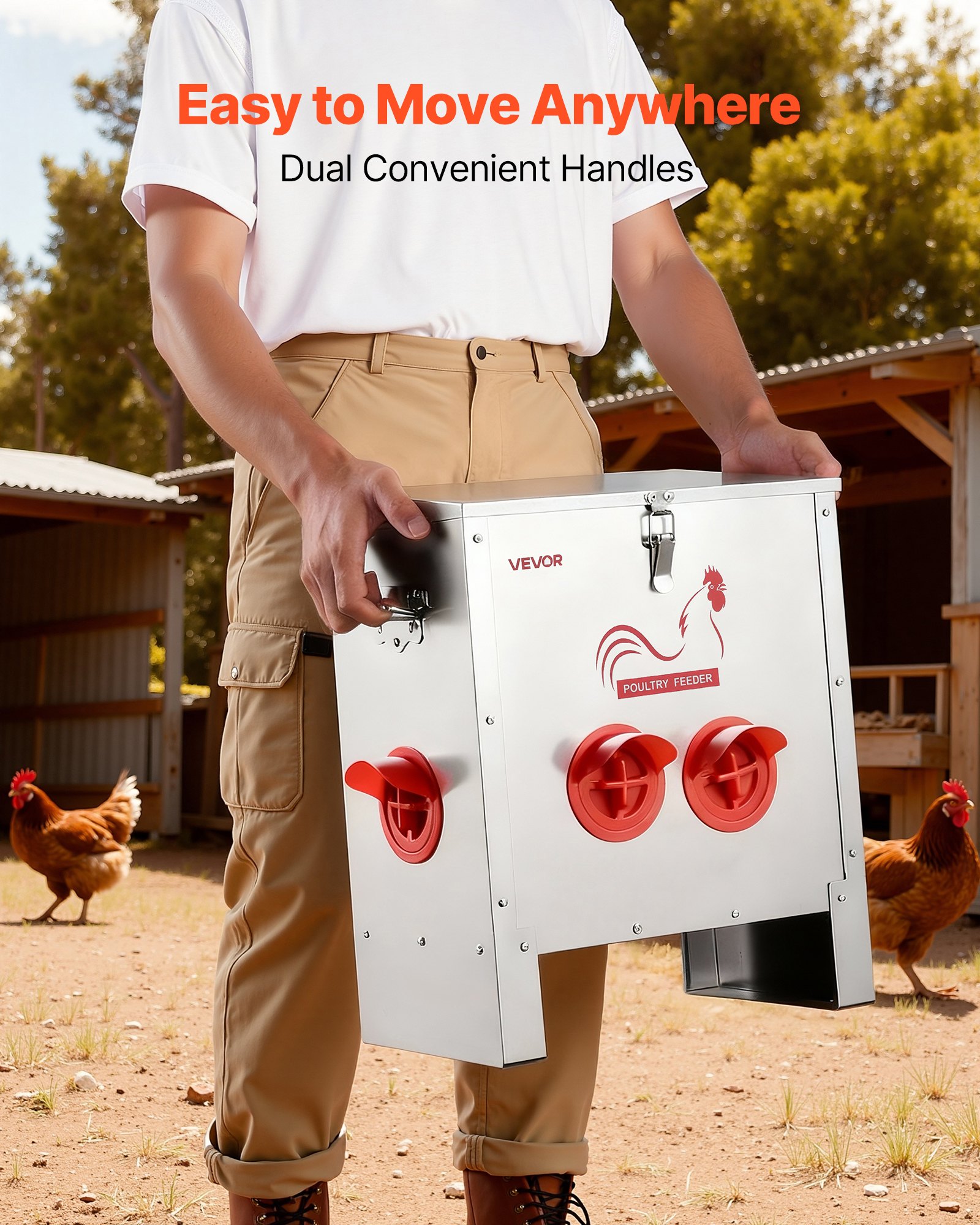VEVOR Comedero Automático para Pollos, Capacidad de 11 kg, 6 Puertos de Alimentación, sin Desperdicio, Alimentación por Gravedad, Tapa con Cierre de Asa, Construcción Metálica, 425 x 275 x 430 mm