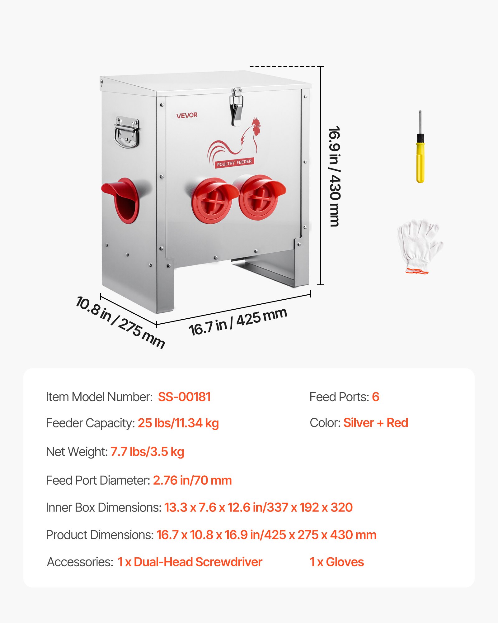 VEVOR Comedero Automático para Pollos, Capacidad de 11 kg, 6 Puertos de Alimentación, sin Desperdicio, Alimentación por Gravedad, Tapa con Cierre de Asa, Construcción Metálica, 425 x 275 x 430 mm