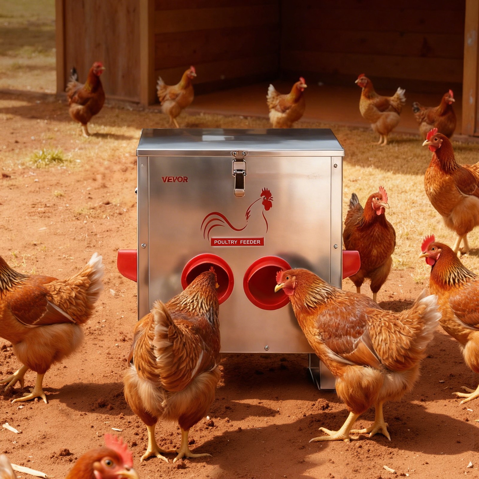 VEVOR Comedero Automático para Pollos, Capacidad de 11 kg, 6 Puertos de Alimentación, sin Desperdicio, Alimentación por Gravedad, Tapa con Cierre de Asa, Construcción Metálica, 425 x 275 x 430 mm