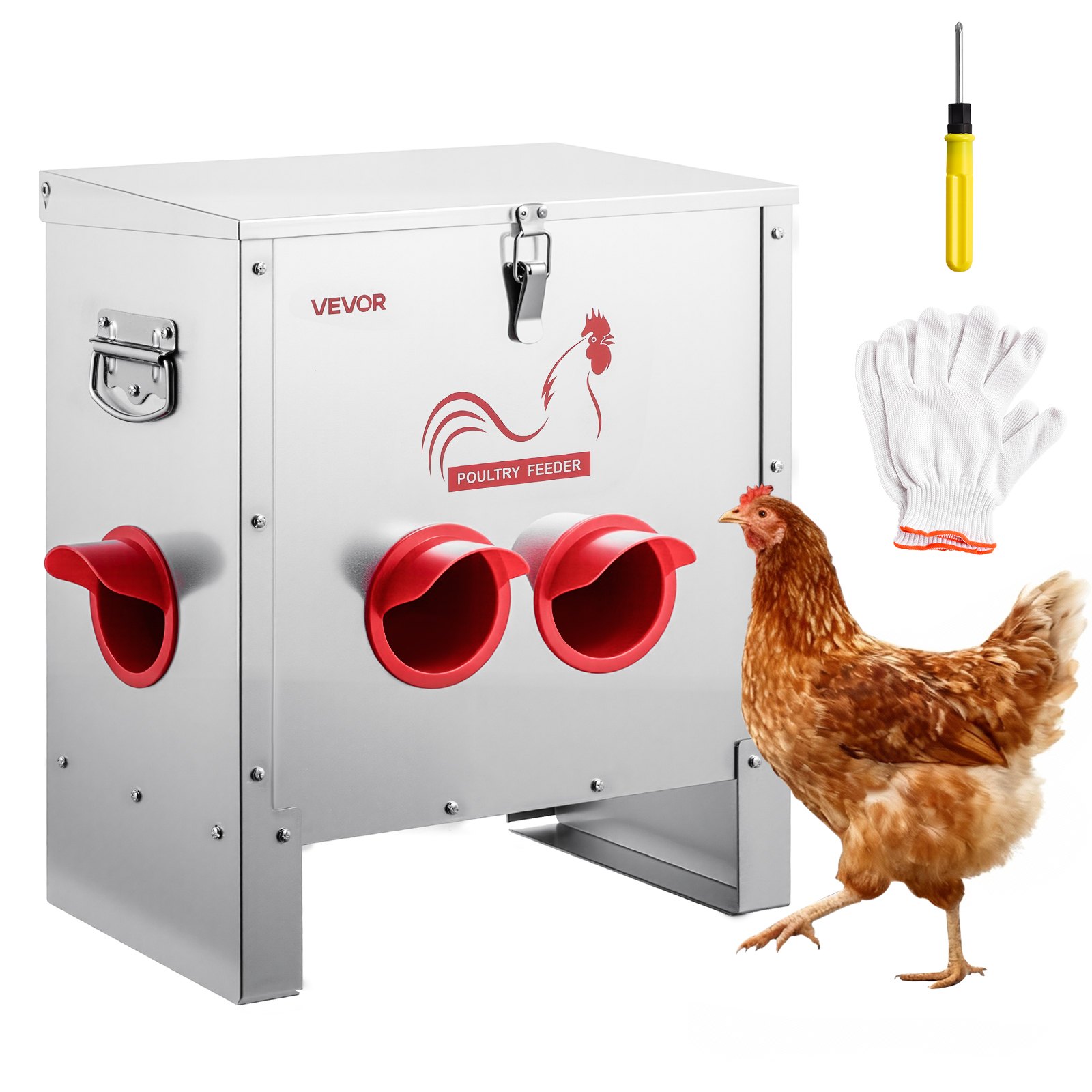 VEVOR Comedero Automático para Pollos, Capacidad de 11 kg, 6 Puertos de Alimentación, sin Desperdicio, Alimentación por Gravedad, Tapa con Cierre de Asa, Construcción Metálica, 425 x 275 x 430 mm