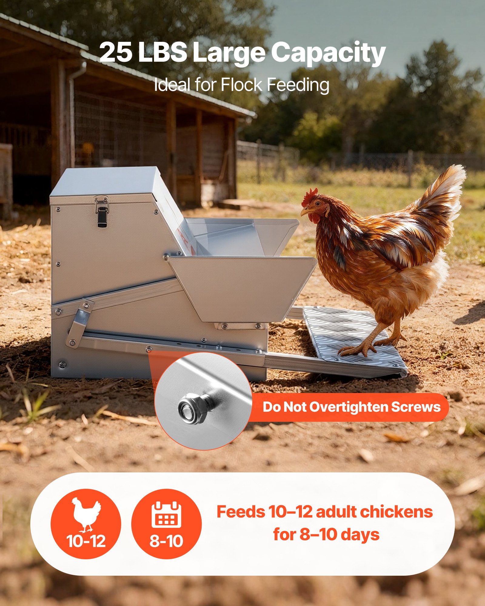 VEVOR Comedero Automático para Pollos Capacidad de 11,34 kg, Resistente a la Lluvia, con Pedal y Tapa, sin Desperdicios, de Acero Galvanizado, para Exteriores, para Pollos, Gallinas, Aves de Corral