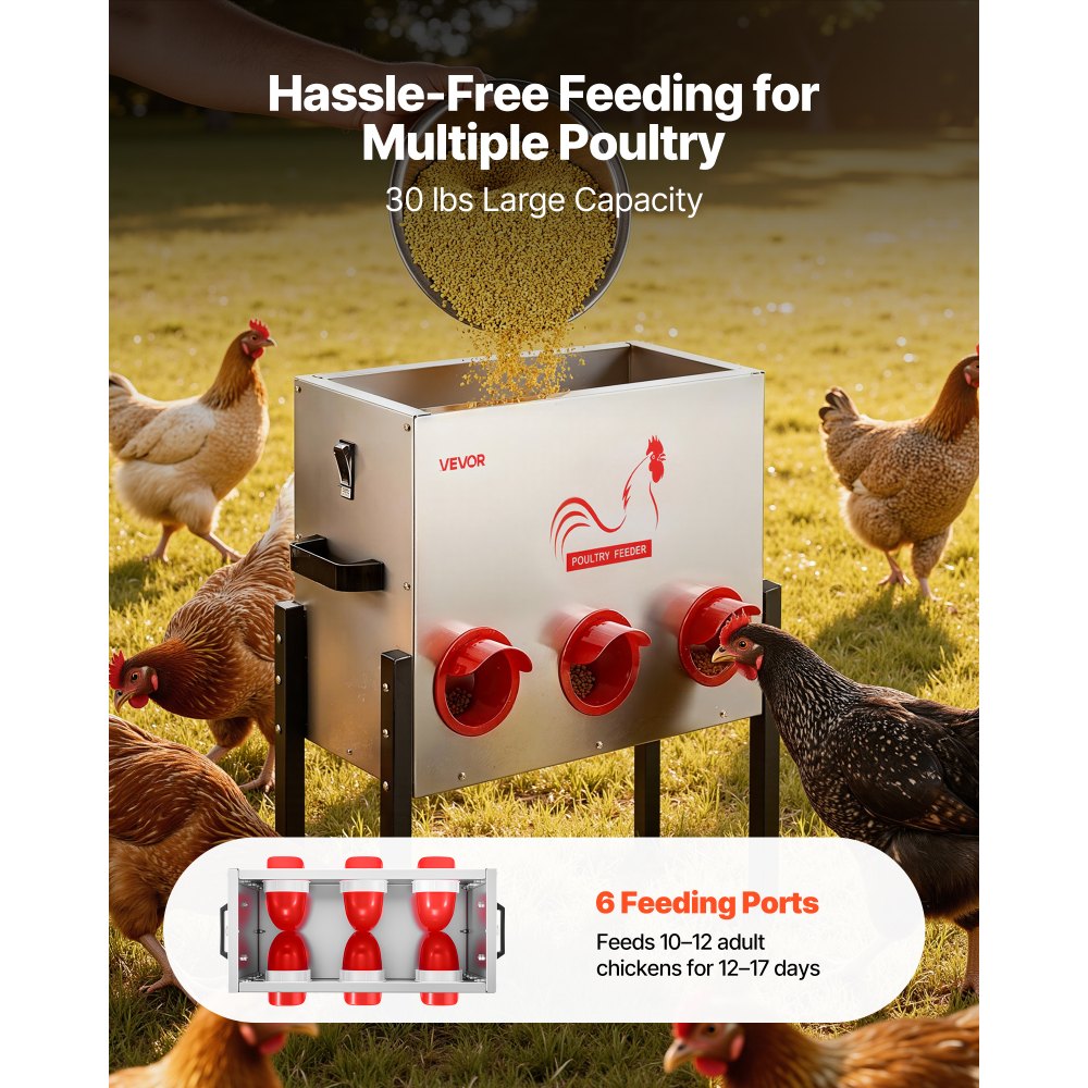 VEVOR Comedero Automático, Capacidad de 13,6 kg, 6 Puertos de Alimentación, sin Desperdicio, Alimentación por Gravedad, Altura Ajustable, Tapa con Cierre, para Pollos, Gallinas Enanas y Faisanes