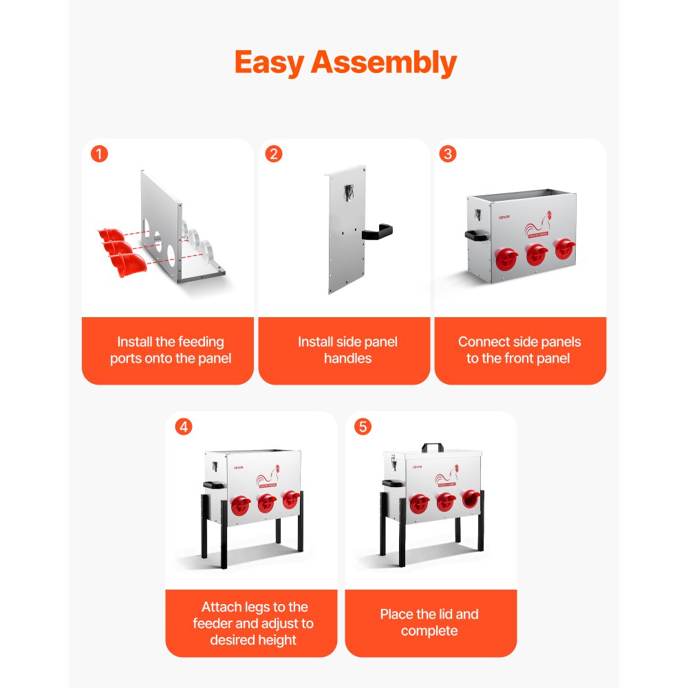 VEVOR Comedero Automático, Capacidad de 13,6 kg, 6 Puertos de Alimentación, sin Desperdicio, Alimentación por Gravedad, Altura Ajustable, Tapa con Cierre, para Pollos, Gallinas Enanas y Faisanes