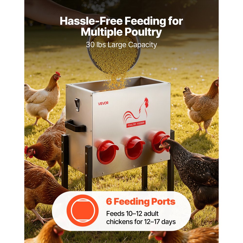 VEVOR Comedero Automático, Capacidad de 13,6 kg, 6 Puertos de Alimentación, sin Desperdicio, Alimentación por Gravedad, Altura Ajustable, Tapa con Cierre, para Pollos, Gallinas Enanas y Faisanes