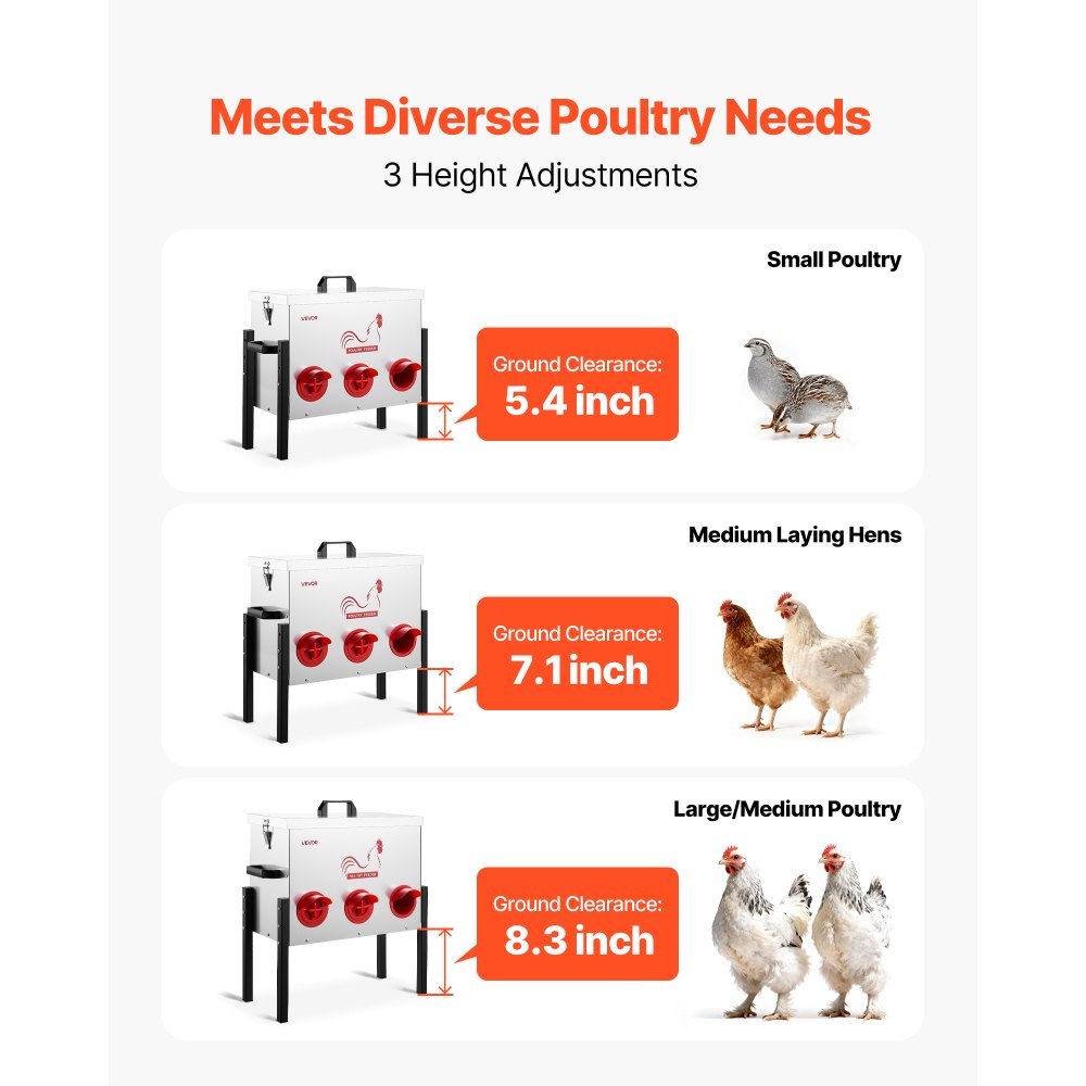 VEVOR Comedero Automático, Capacidad de 13,6 kg, 6 Puertos de Alimentación, sin Desperdicio, Alimentación por Gravedad, Altura Ajustable, Tapa con Cierre, para Pollos, Gallinas Enanas y Faisanes