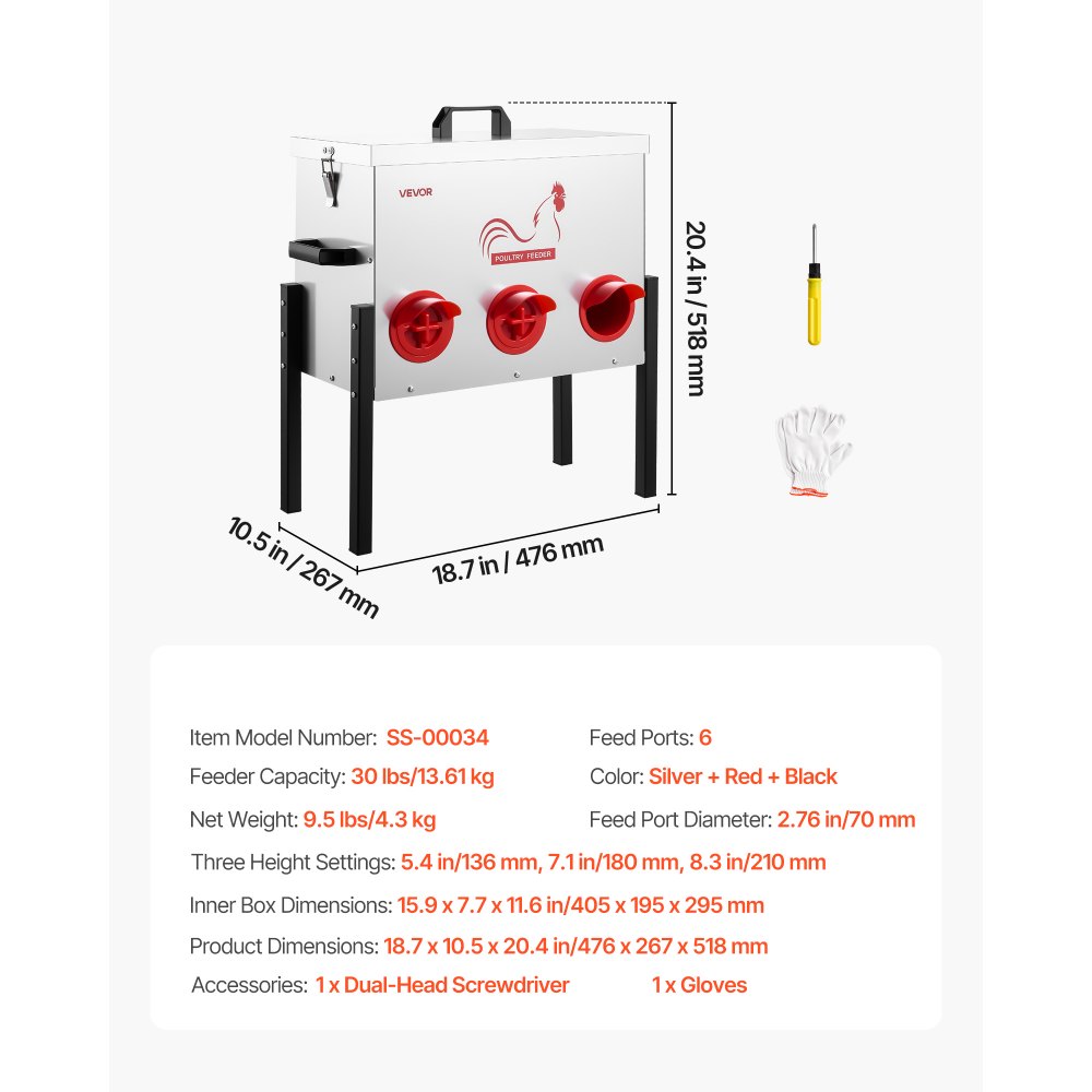 VEVOR Comedero Automático, Capacidad de 13,6 kg, 6 Puertos de Alimentación, sin Desperdicio, Alimentación por Gravedad, Altura Ajustable, Tapa con Cierre, para Pollos, Gallinas Enanas y Faisanes