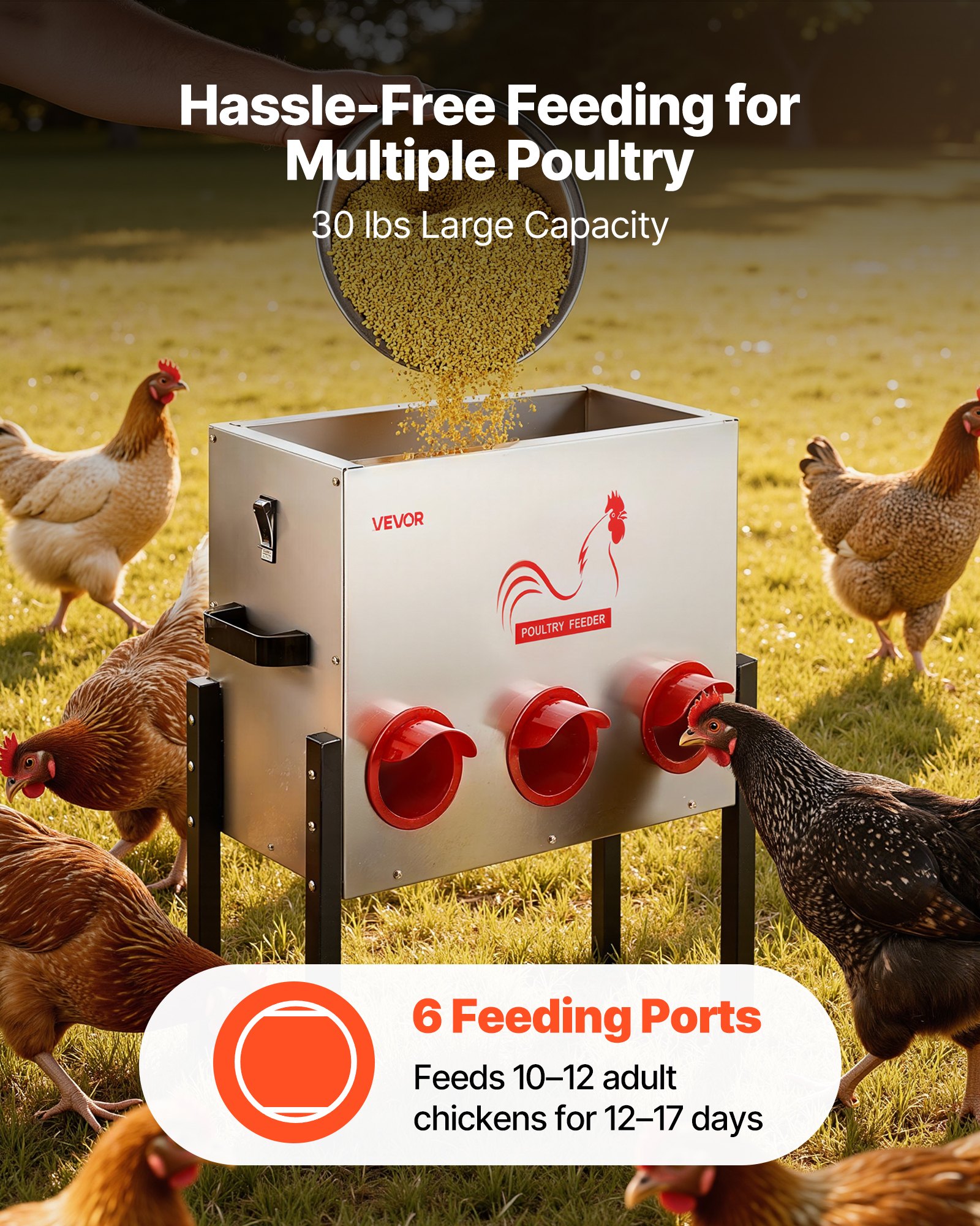 VEVOR Comedero Automático, Capacidad de 13,6 kg, 6 Puertos de Alimentación, sin Desperdicio, Alimentación por Gravedad, Altura Ajustable, Tapa con Cierre, para Pollos, Gallinas Enanas y Faisanes