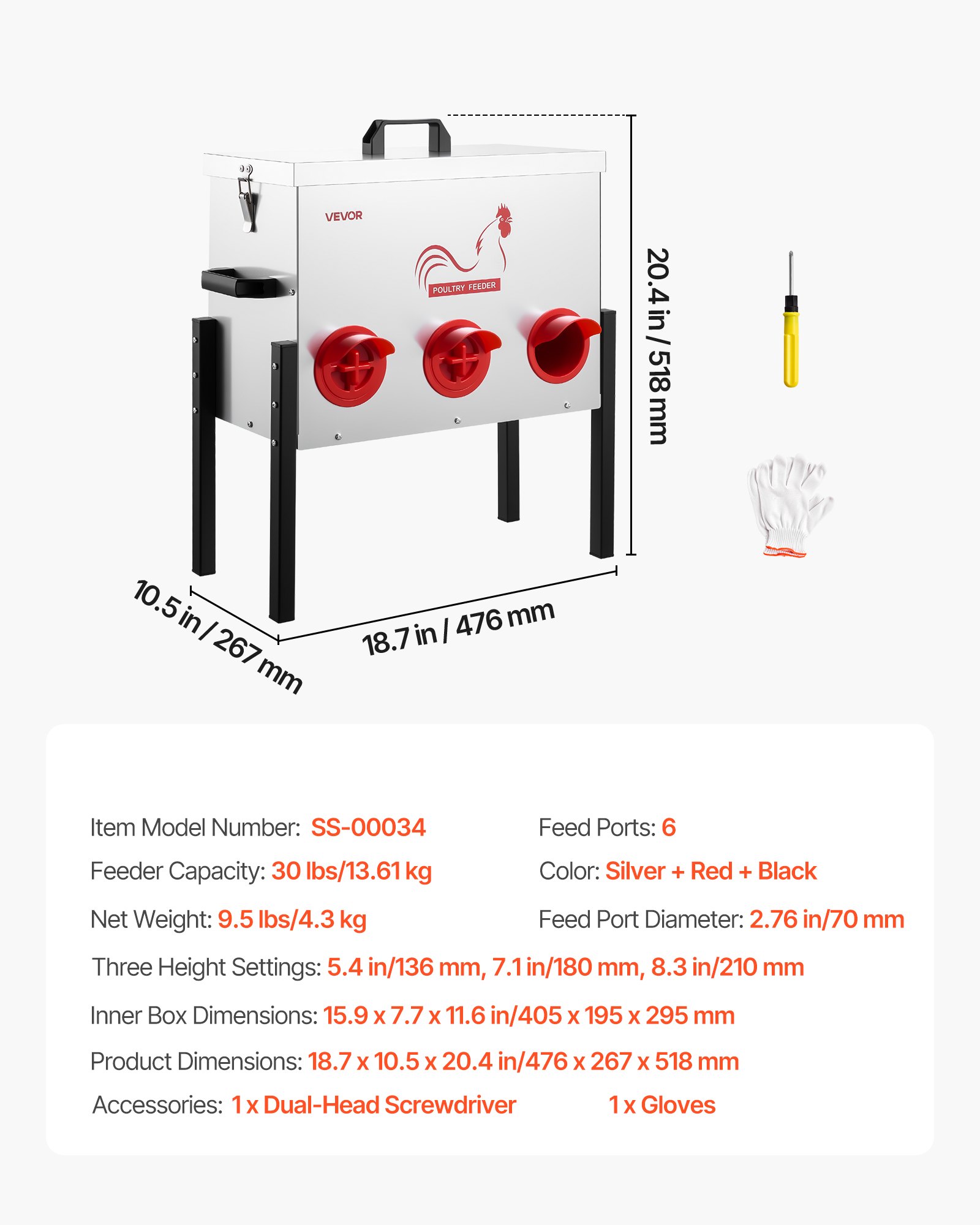 VEVOR Comedero Automático, Capacidad de 13,6 kg, 6 Puertos de Alimentación, sin Desperdicio, Alimentación por Gravedad, Altura Ajustable, Tapa con Cierre, para Pollos, Gallinas Enanas y Faisanes