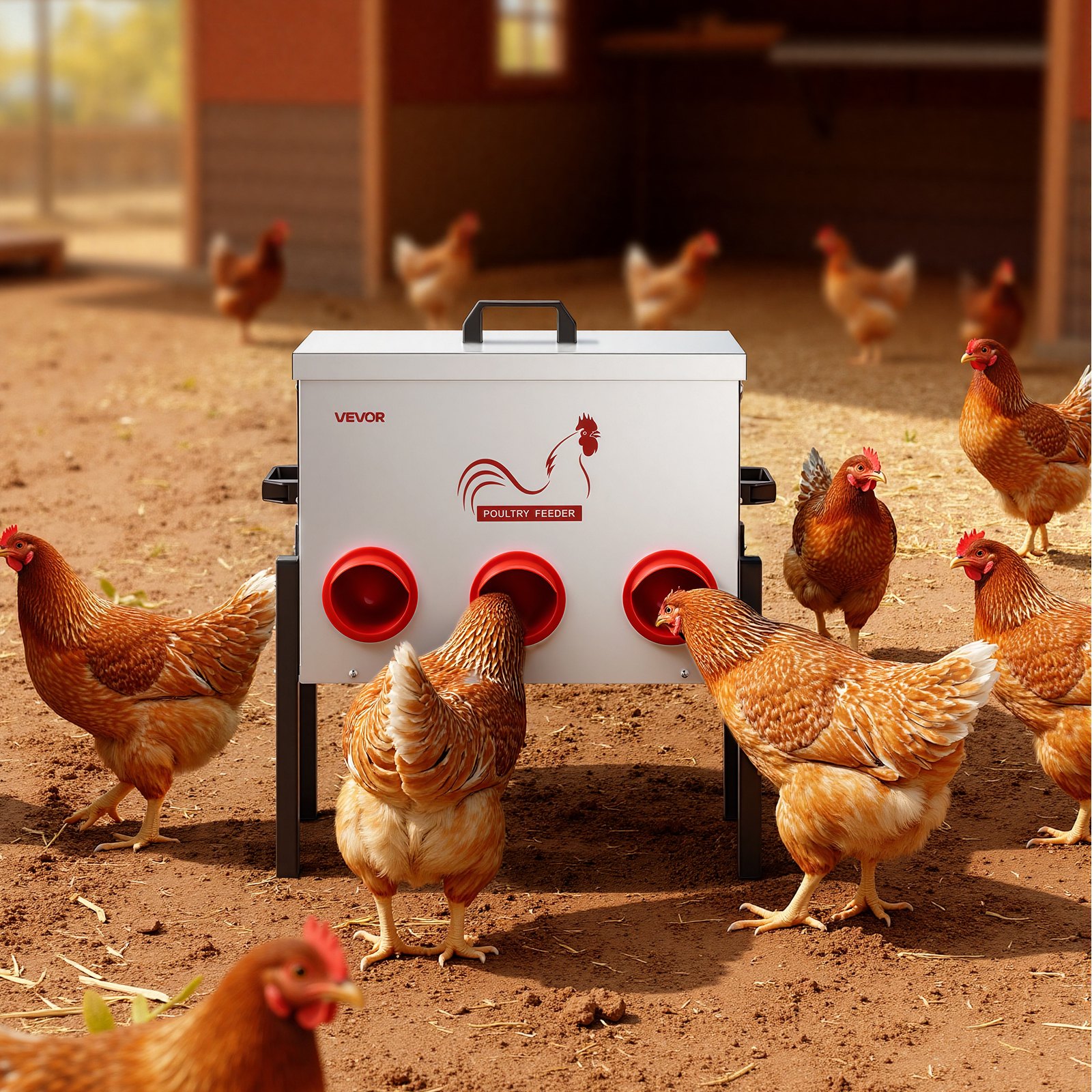 VEVOR Comedero Automático, Capacidad de 13,6 kg, 6 Puertos de Alimentación, sin Desperdicio, Alimentación por Gravedad, Altura Ajustable, Tapa con Cierre, para Pollos, Gallinas Enanas y Faisanes