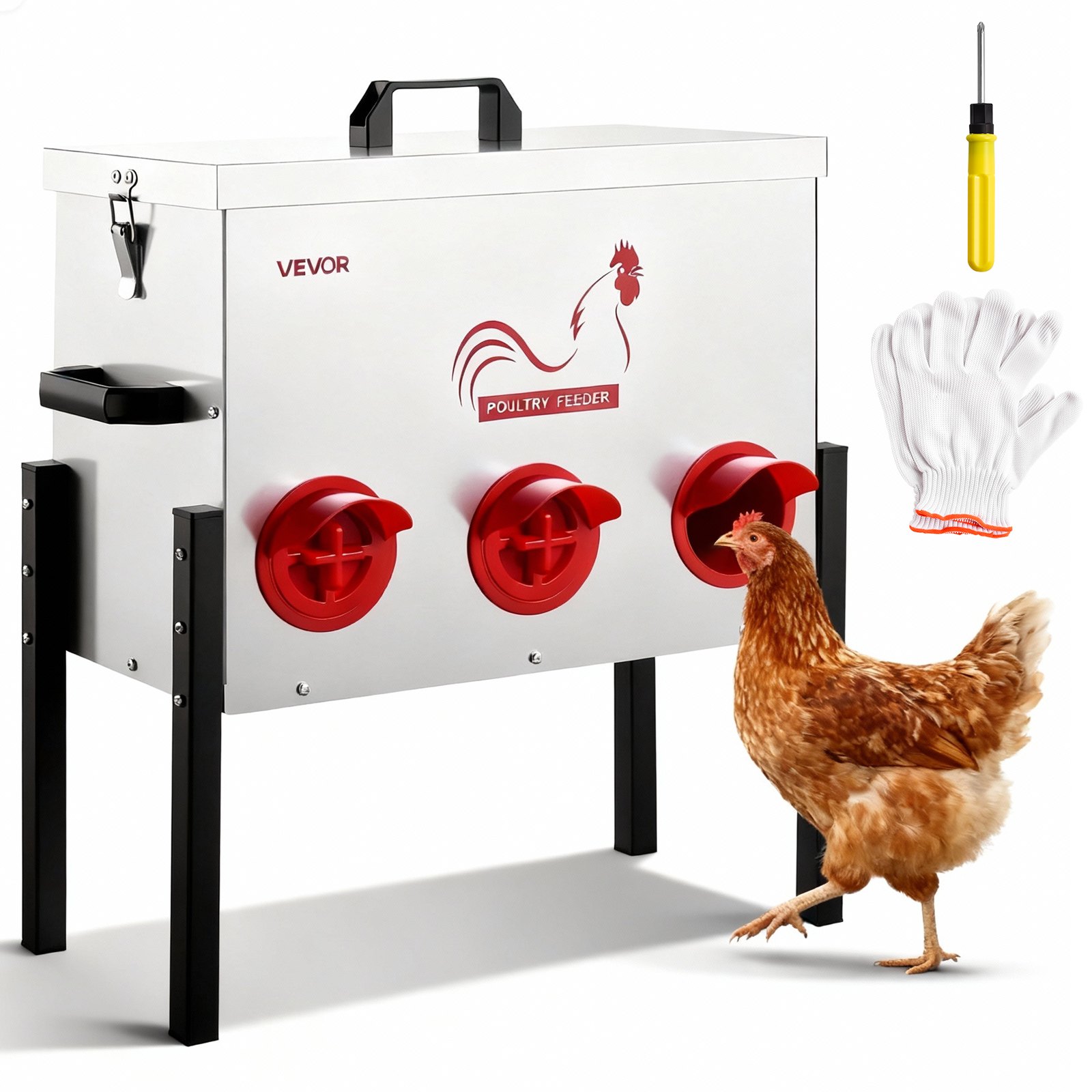 VEVOR Comedero Automático, Capacidad de 13,6 kg, 6 Puertos de Alimentación, sin Desperdicio, Alimentación por Gravedad, Altura Ajustable, Tapa con Cierre, para Pollos, Gallinas Enanas y Faisanes