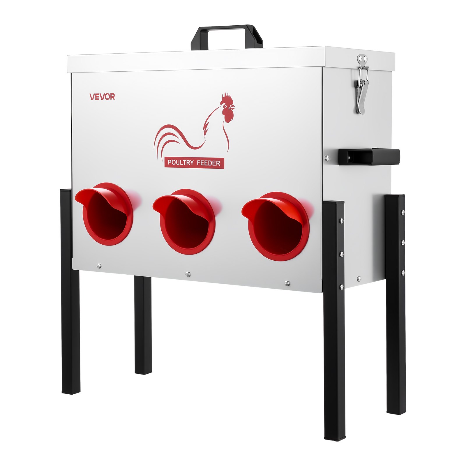 VEVOR Comedero Automático, Capacidad de 13,6 kg, 6 Puertos de Alimentación, sin Desperdicio, Alimentación por Gravedad, Altura Ajustable, Tapa con Cierre, para Pollos, Gallinas Enanas y Faisanes