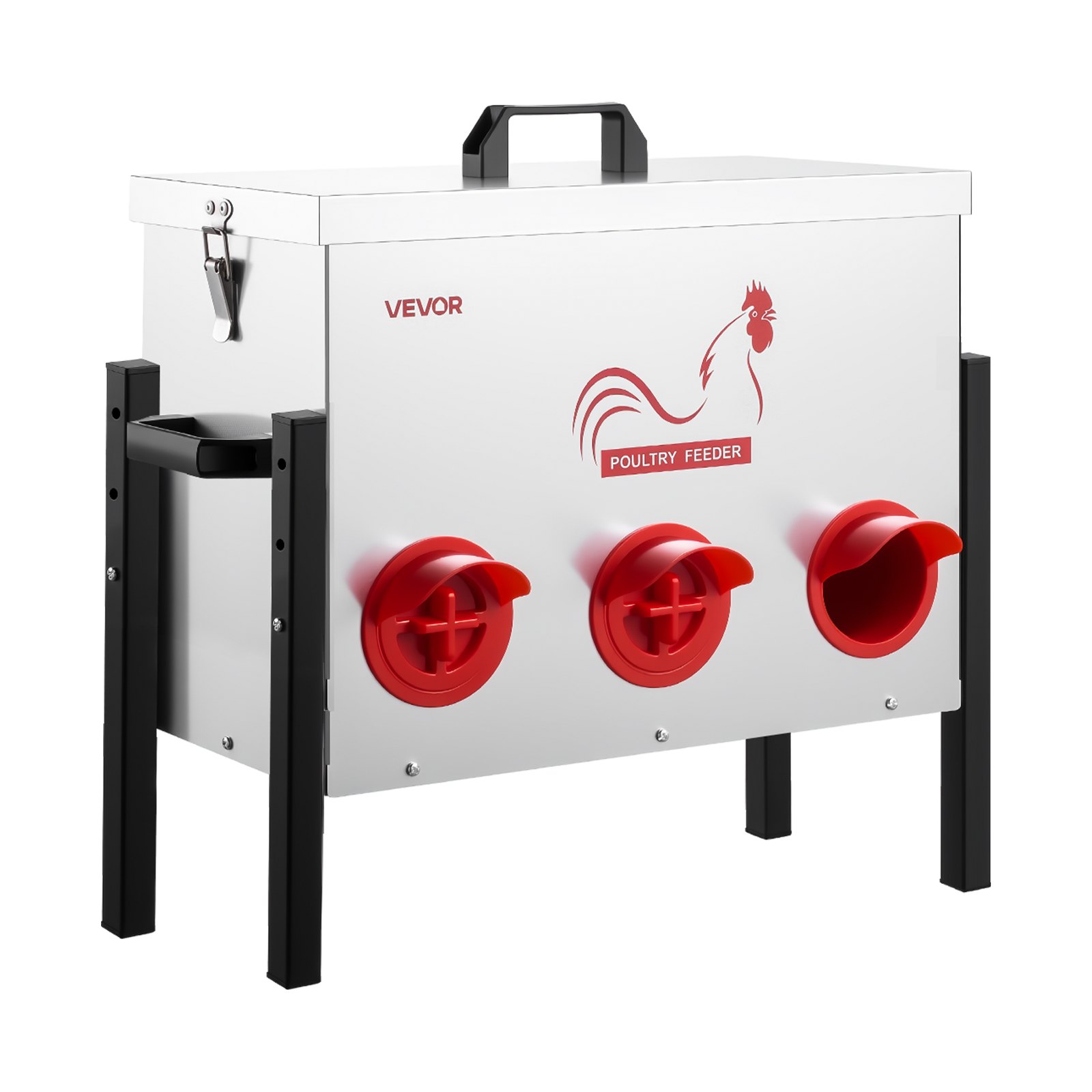 VEVOR Comedero Automático, Capacidad de 13,6 kg, 6 Puertos de Alimentación, sin Desperdicio, Alimentación por Gravedad, Altura Ajustable, Tapa con Cierre, para Pollos, Gallinas Enanas y Faisanes