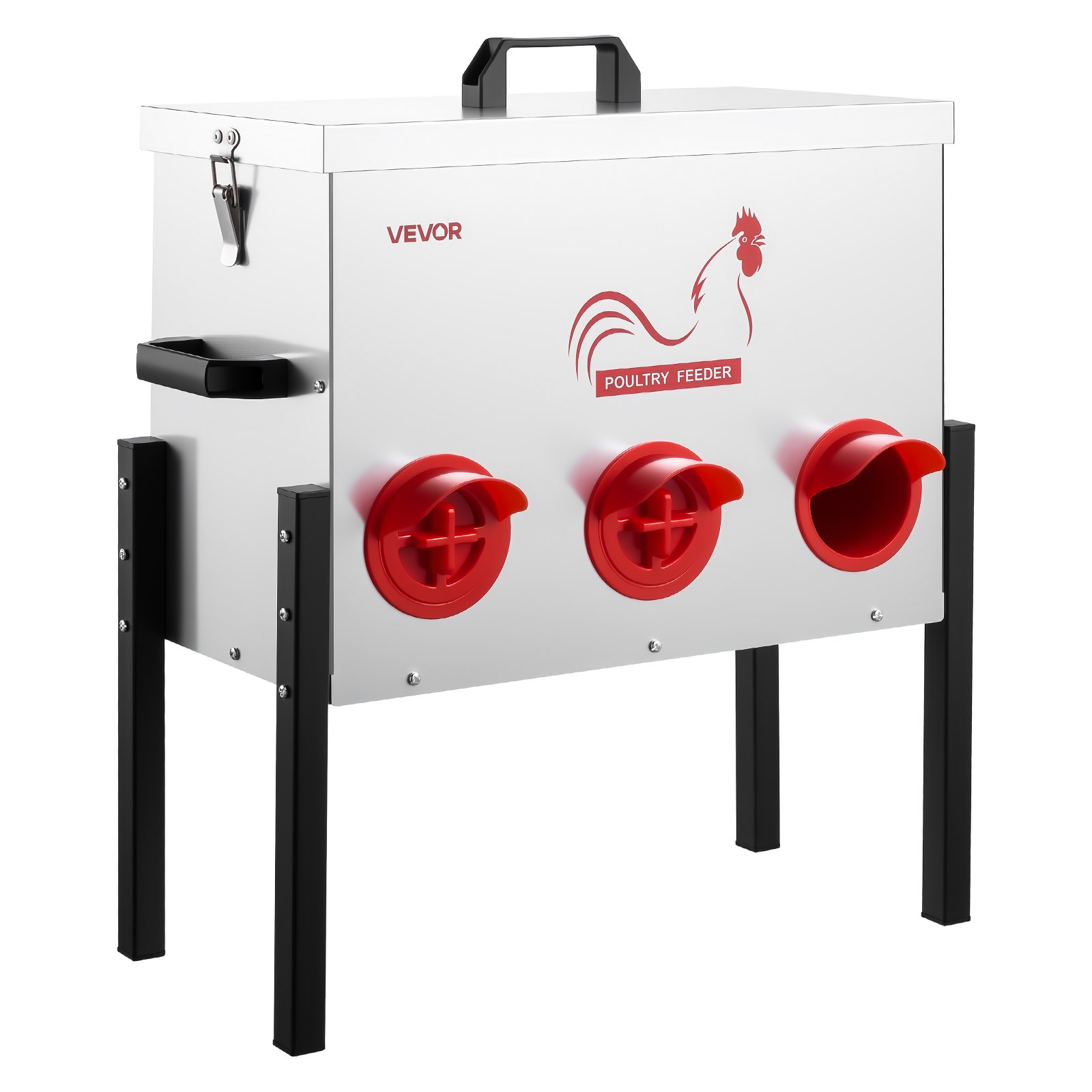 VEVOR Comedero Automático, Capacidad de 13,6 kg, 6 Puertos de Alimentación, sin Desperdicio, Alimentación por Gravedad, Altura Ajustable, Tapa con Cierre, para Pollos, Gallinas Enanas y Faisanes