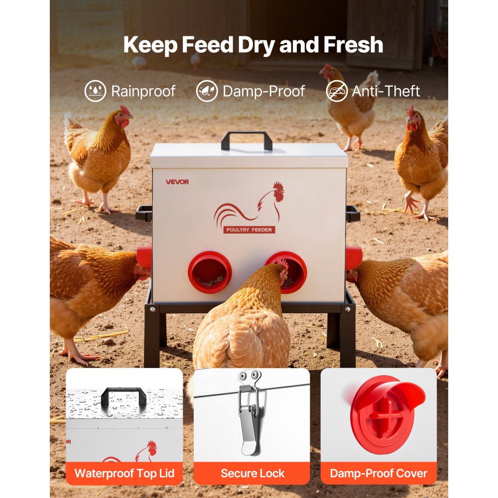 VEVOR Comedero Automático para Pollos, Capacidad de 18 kg, 6 Puertos de Alimentación, sin Desperdicio con Separador Incorporado, con Pestillo y Asa, Construcción Metálica, 462 x 315 x 505 mm