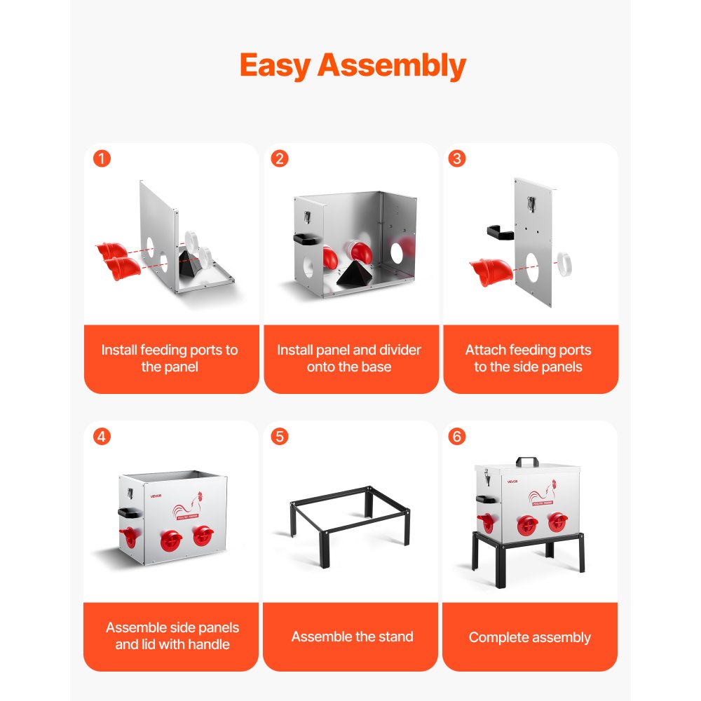 VEVOR Comedero Automático para Pollos, Capacidad de 18 kg, 6 Puertos de Alimentación, sin Desperdicio con Separador Incorporado, con Pestillo y Asa, Construcción Metálica, 462 x 315 x 505 mm