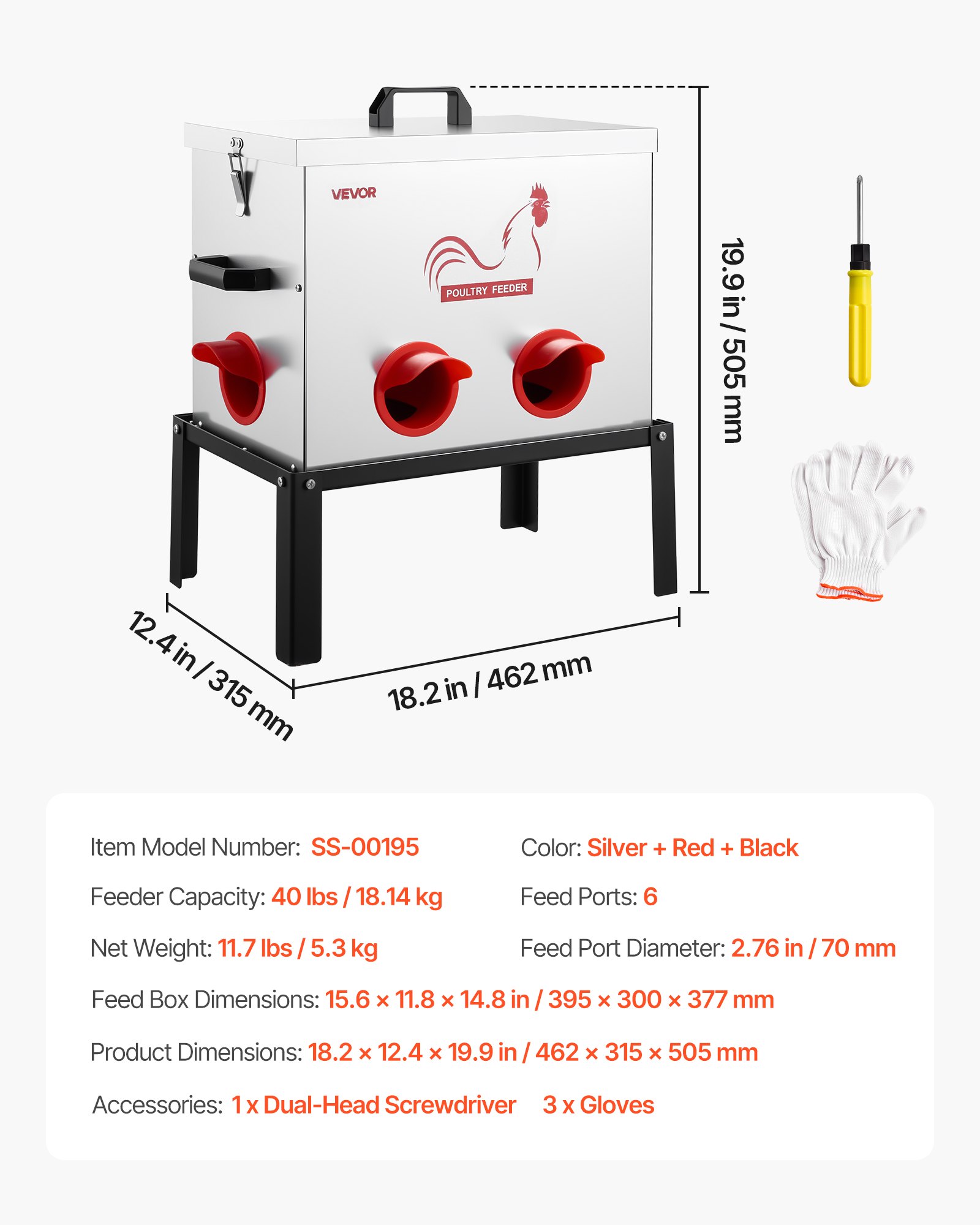 VEVOR Comedero Automático para Pollos, Capacidad de 18 kg, 6 Puertos de Alimentación, sin Desperdicio con Separador Incorporado, con Pestillo y Asa, Construcción Metálica, 462 x 315 x 505 mm