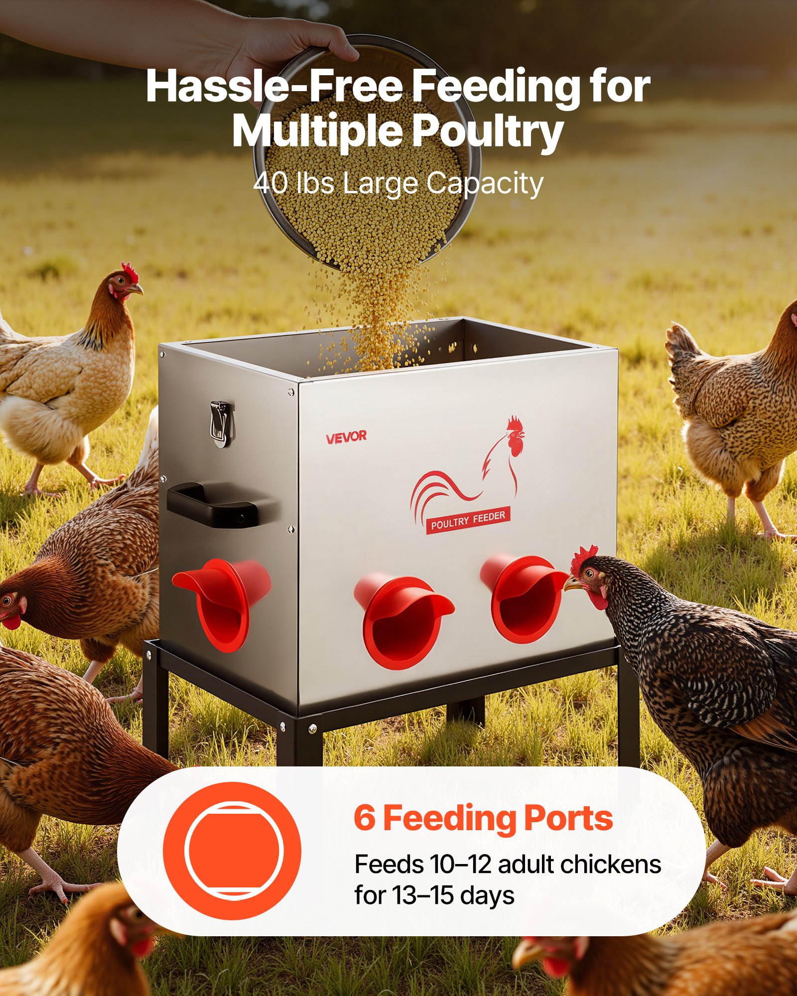 VEVOR Comedero Automático para Pollos, Capacidad de 18 kg, 6 Puertos de Alimentación, sin Desperdicio con Separador Incorporado, con Pestillo y Asa, Construcción Metálica, 462 x 315 x 505 mm