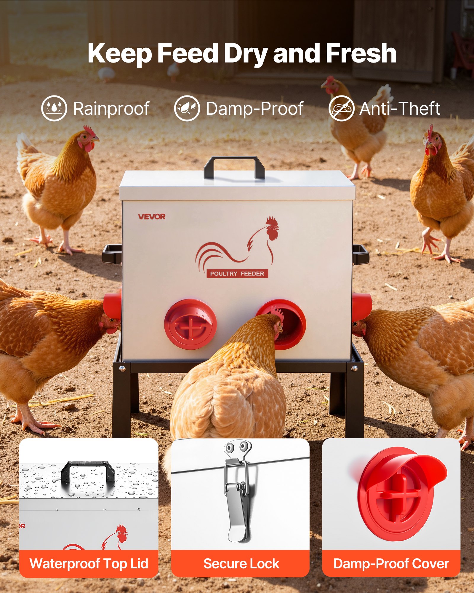 VEVOR Comedero Automático para Pollos, Capacidad de 18 kg, 6 Puertos de Alimentación, sin Desperdicio con Separador Incorporado, con Pestillo y Asa, Construcción Metálica, 462 x 315 x 505 mm