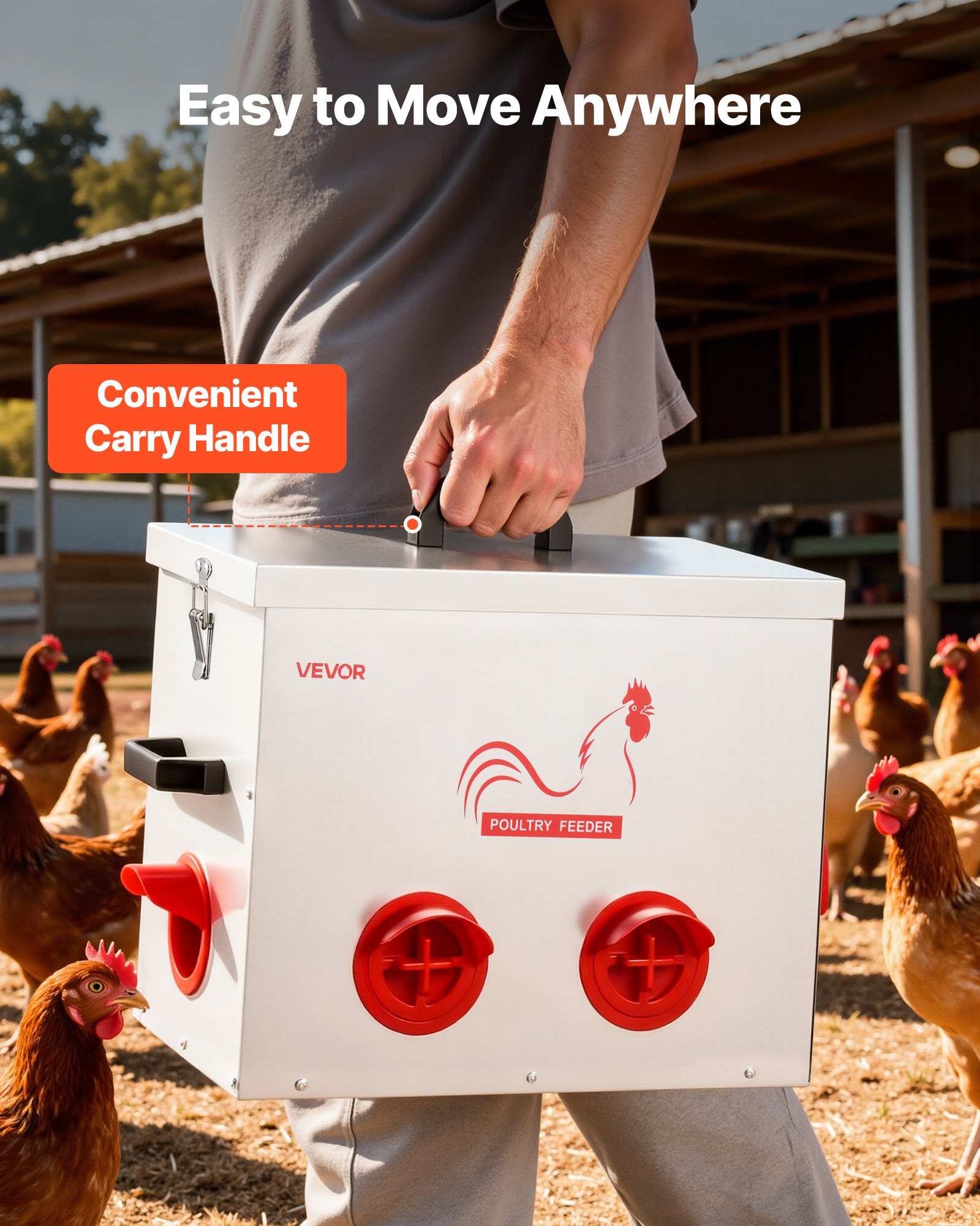 VEVOR Comedero Automático para Pollos, Capacidad de 18 kg, 6 Puertos de Alimentación, sin Desperdicio con Separador Incorporado, con Pestillo y Asa, Construcción Metálica, 462 x 315 x 505 mm