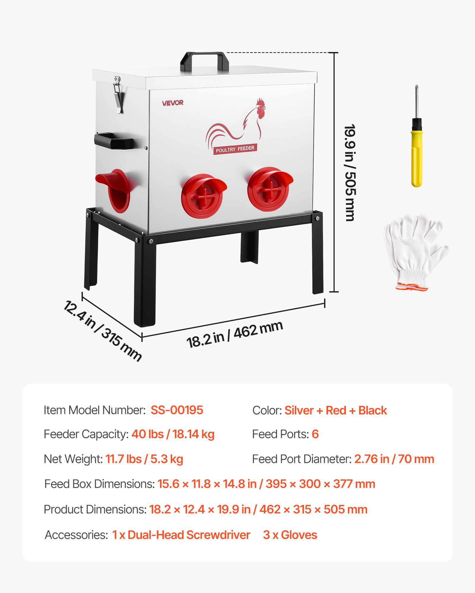 VEVOR Comedero Automático para Pollos, Capacidad de 18 kg, 6 Puertos de Alimentación, sin Desperdicio con Separador Incorporado, con Pestillo y Asa, Construcción Metálica, 462 x 315 x 505 mm
