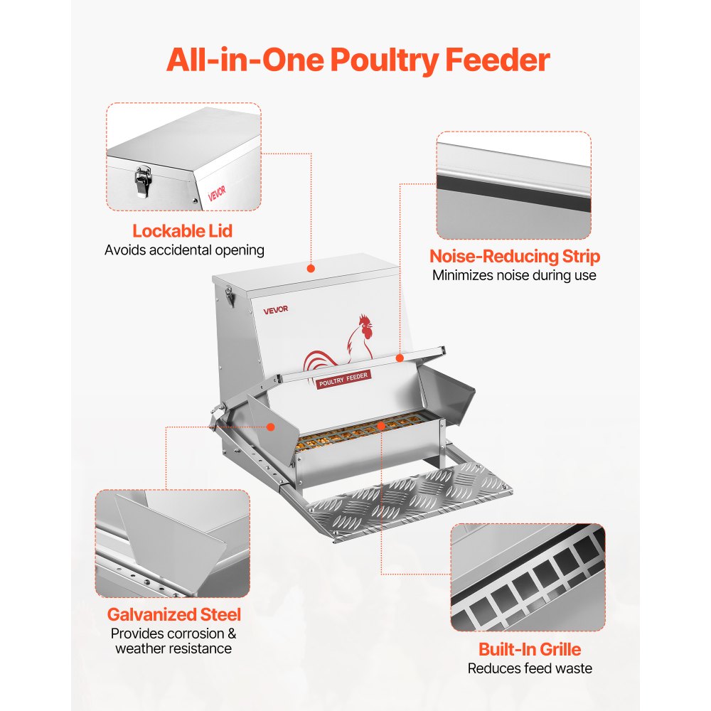 VEVOR Comedero automático, capacidad de 18 kg, resistente a la lluvia, con pedal y tapa con cerradura, Sin desperdicio, acero galvanizado, para pollos, gallinas enanas, aves de corral y faisanes