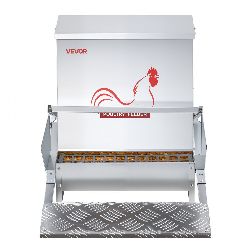 VEVOR Comedero automático, capacidad de 18 kg, resistente a la lluvia, con pedal y tapa con cerradura, Sin desperdicio, acero galvanizado, para pollos, gallinas enanas, aves de corral y faisanes