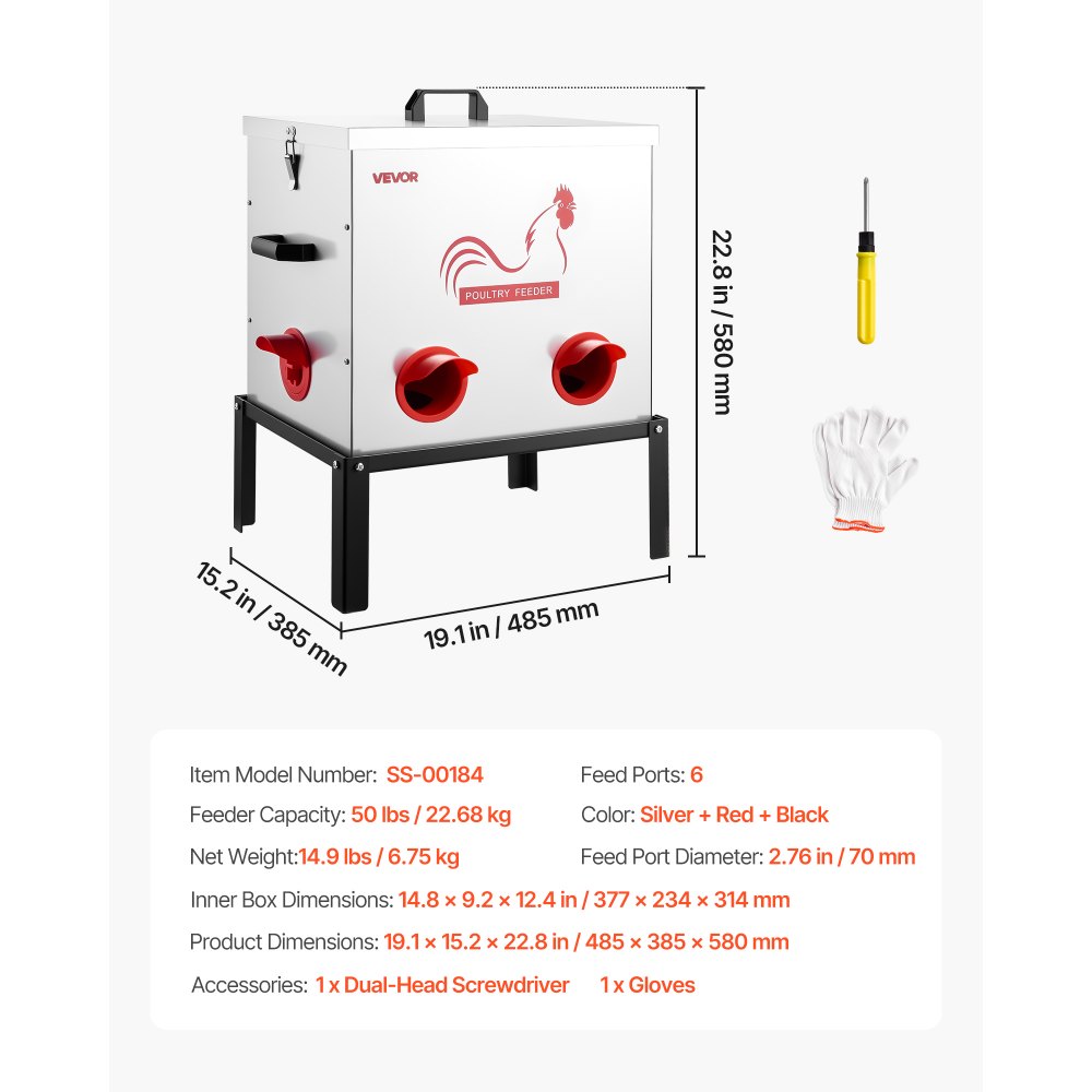VEVOR Automatic Chicken Feeder, 22.68 kg Capacity, 6 Feeding Ports No-Waste Poultry Feeder with Built-In Divider, with Latch & Handle, Metal Construction, for Chickens Bantams Pheasants Poultry Coop
