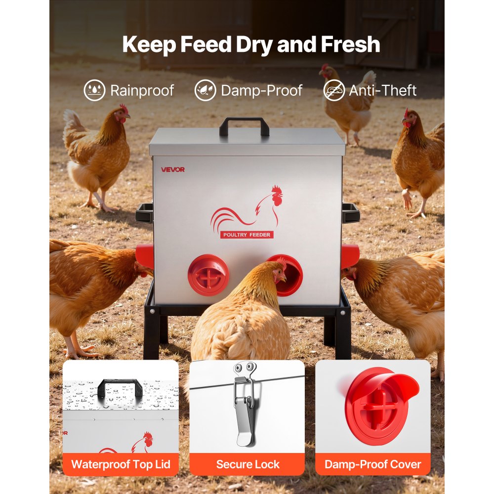 VEVOR Comedero Automático para Pollos, Capacidad de 22,7 kg, 6 Puertos de Alimentación, sin Desperdicio con Separador Incorporado, con Pestillo y Asa, Construcción Metálica, 485 x 385 x 580 mm