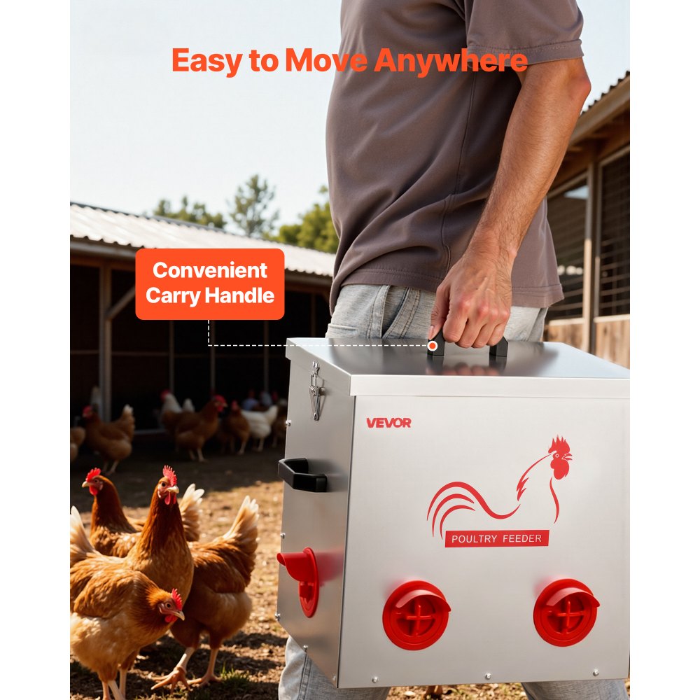 VEVOR Comedero Automático para Pollos, Capacidad de 22,7 kg, 6 Puertos de Alimentación, sin Desperdicio con Separador Incorporado, con Pestillo y Asa, Construcción Metálica, 485 x 385 x 580 mm
