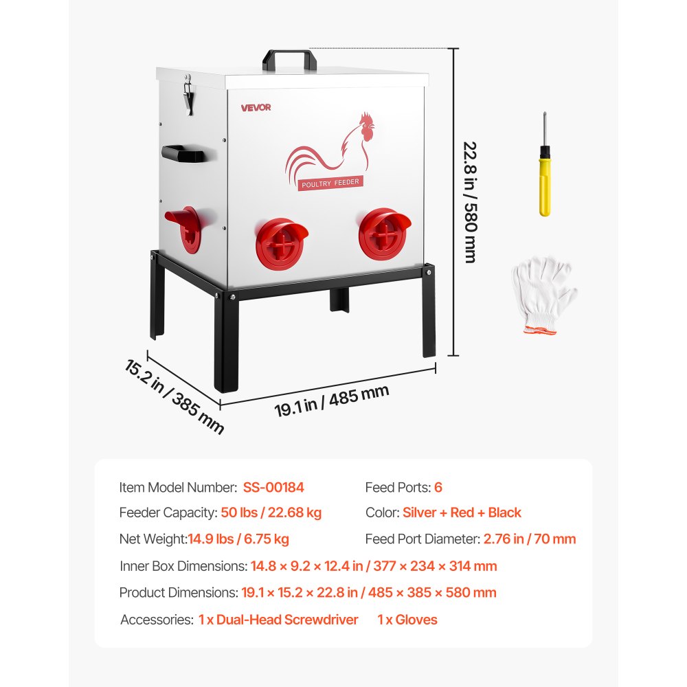 VEVOR Comedero Automático para Pollos, Capacidad de 22,7 kg, 6 Puertos de Alimentación, sin Desperdicio con Separador Incorporado, con Pestillo y Asa, Construcción Metálica, 485 x 385 x 580 mm