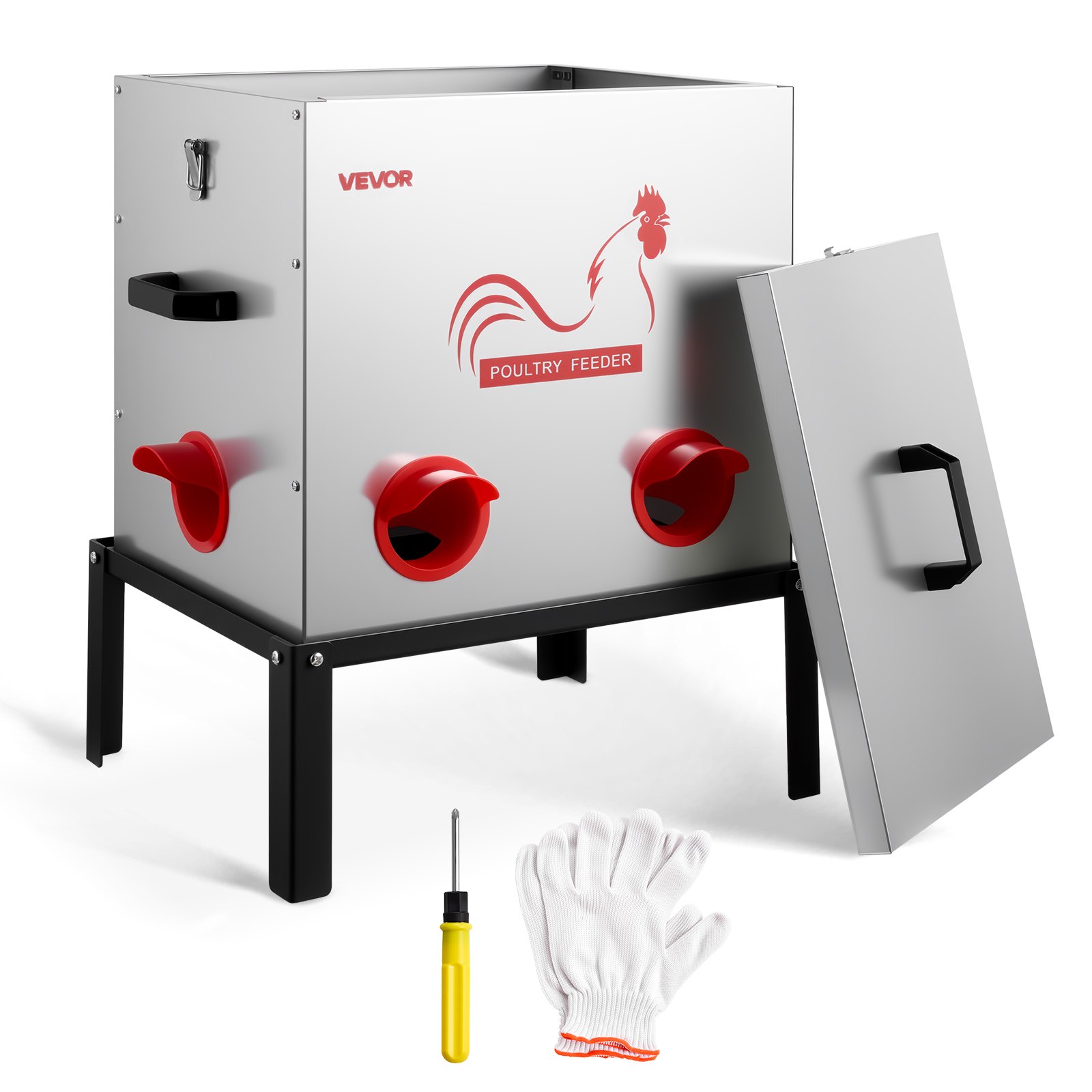 VEVOR Automatic Chicken Feeder, 22.68 kg Capacity, 6 Feeding Ports No-Waste Poultry Feeder with Built-In Divider, with Latch & Handle, Metal Construction, for Chickens Bantams Pheasants Poultry Coop